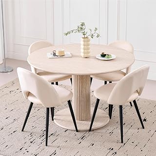 Juego de Mesa de Comedor Redonda con 4 Sillas, Conjunto Mesa (Textura de Travertino Amarillo) y Sillas de Comedor para Cocina, Restaurante y Oficina (Beige+Beige)