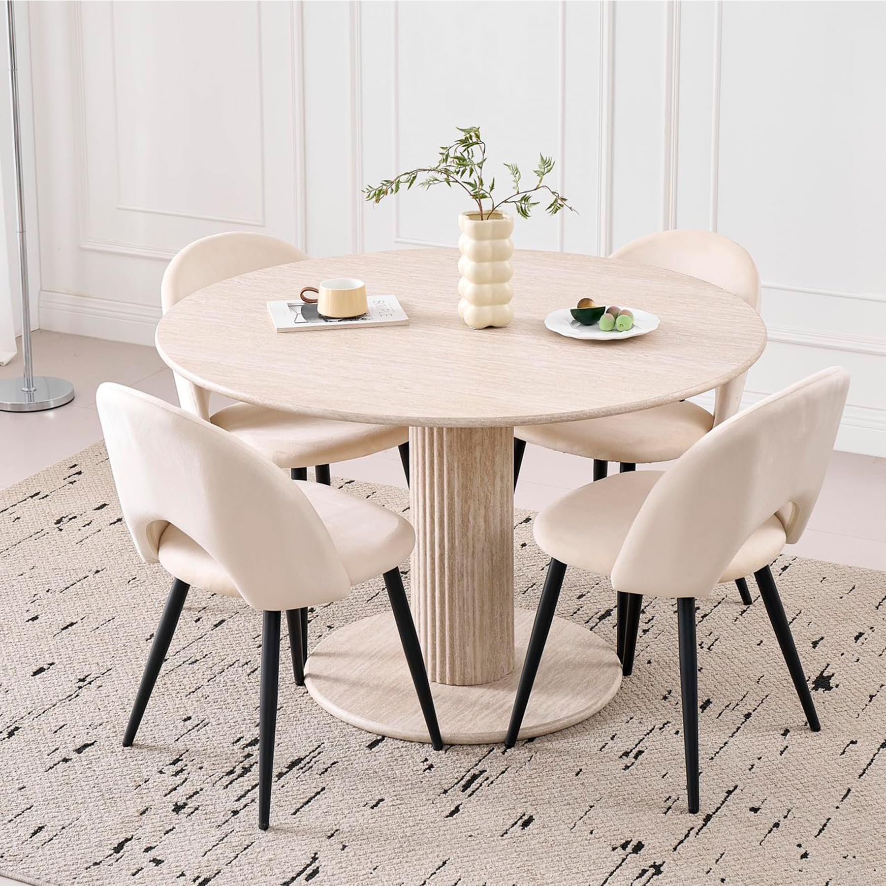 115cm Runder Esstisch mit 4 Esstischstühlen, Küchentisch aus MDF (Travertin-Maserung) und 4 Stühle für Küche, Esszimmer, Wohnzimmer und Büro (Beige)