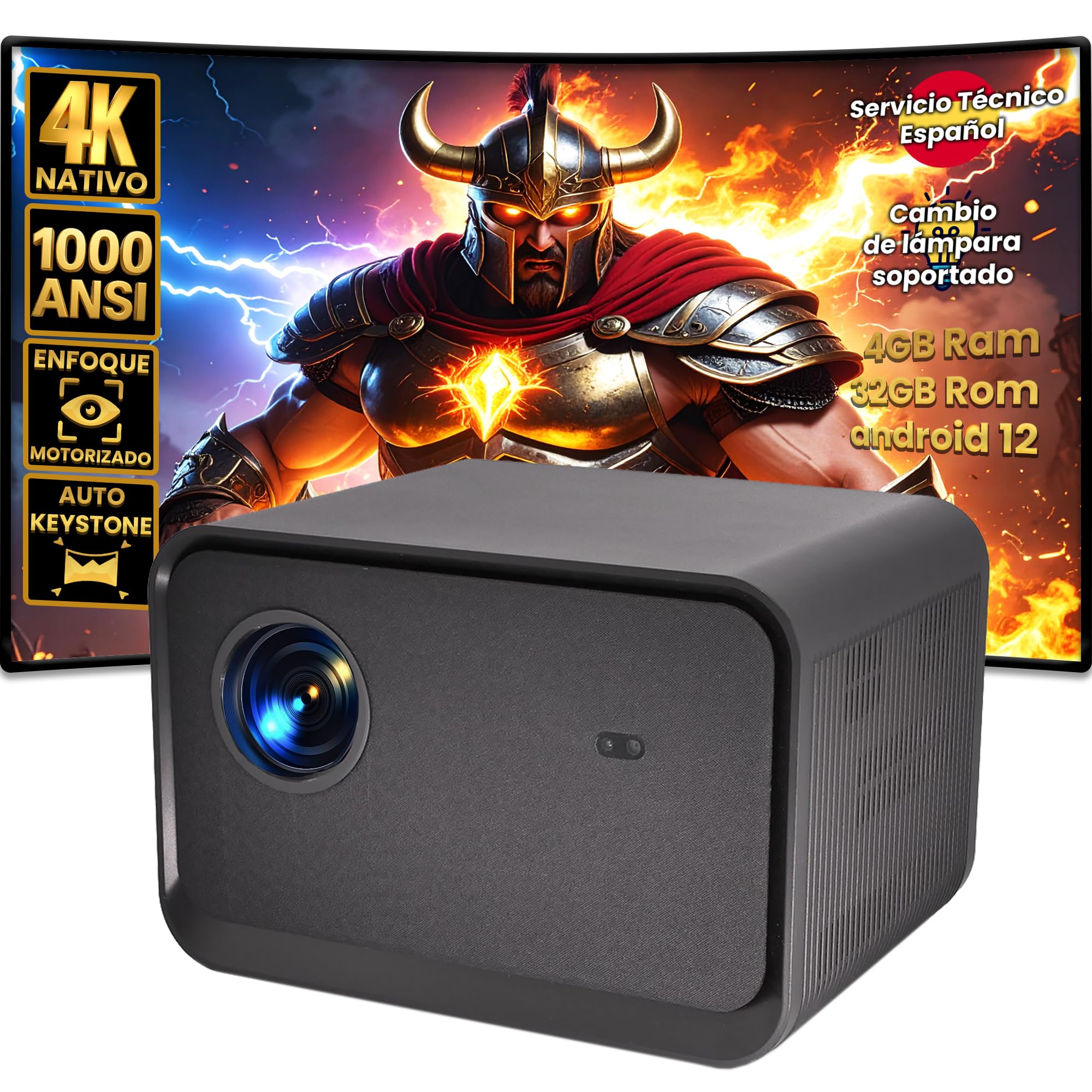 Proyector 4k Nativo 3840 x 2160, Seelumen 811, Luminosidad 1.000 ANSI Contraste 50.000:1 Android 12, Audio 20W con Subwoofer, WiFi, Bluetooth, Enfoque motorizado, Zoom, 4GB RAM y 32GB ROM (4K Nativo)