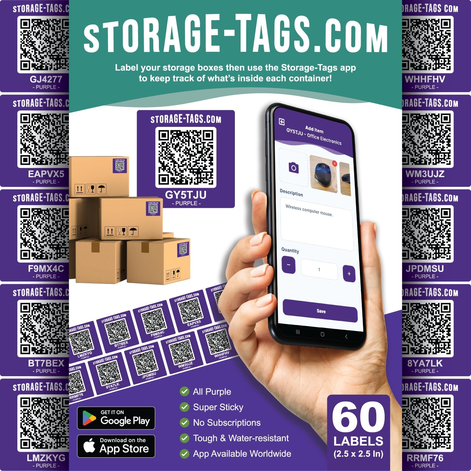 QR Code Storage Tags (Purple) - Smart Stickers - Tracking Labels for Totes - Scan Storage Bins & Containers - Moving House - Track Inventory - Android and iOS App - Pack of 60
