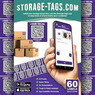 QR Code Storage Tags (Purple) - Smart Stickers - Tracking Labels for Totes - Scan Storage Bins & Containers - Moving House - Track Inventory - Android and iOS App - Pack of 60