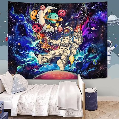 Miniatura 9 de YEXIT Divertido tapiz de globo de astronauta espacial, luz negra, galaxia, universo, planetas, geniales tapices para adolescentes, niños, dormitorio