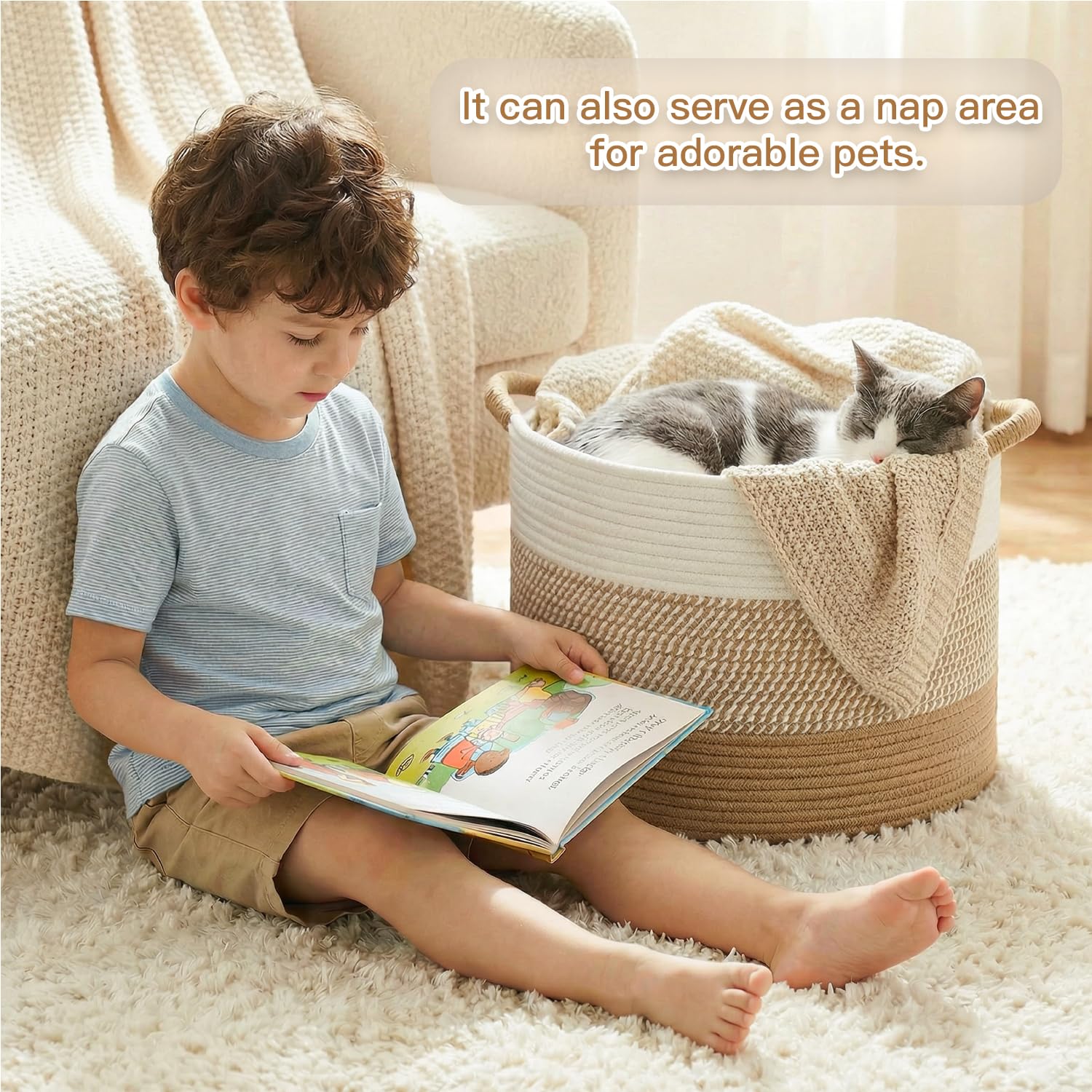 Artfeel Cesta grande de cuerda de algodón de 70 L decorativa, almacenamiento de fieltro tejido para sala de estar, almacenamiento de juguetes boho y caja de juguetes para niños, cesta de lavandería