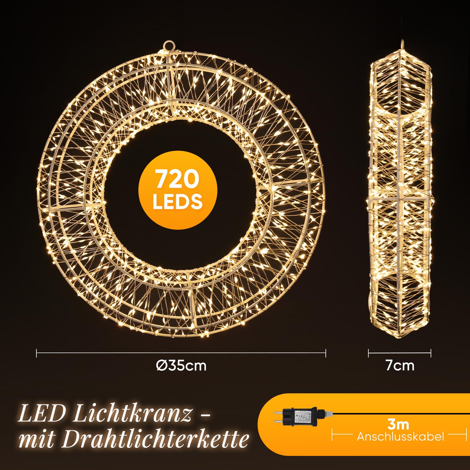 SALCAR Couronne lumineuse LED - Diamètre : 35 cm - 720 cm - Décoration de Noël - Pour fenêtre - 8 modes - Minuterie et mémoire - Pour l'intérieur et l'extérieur - Blanc chaud