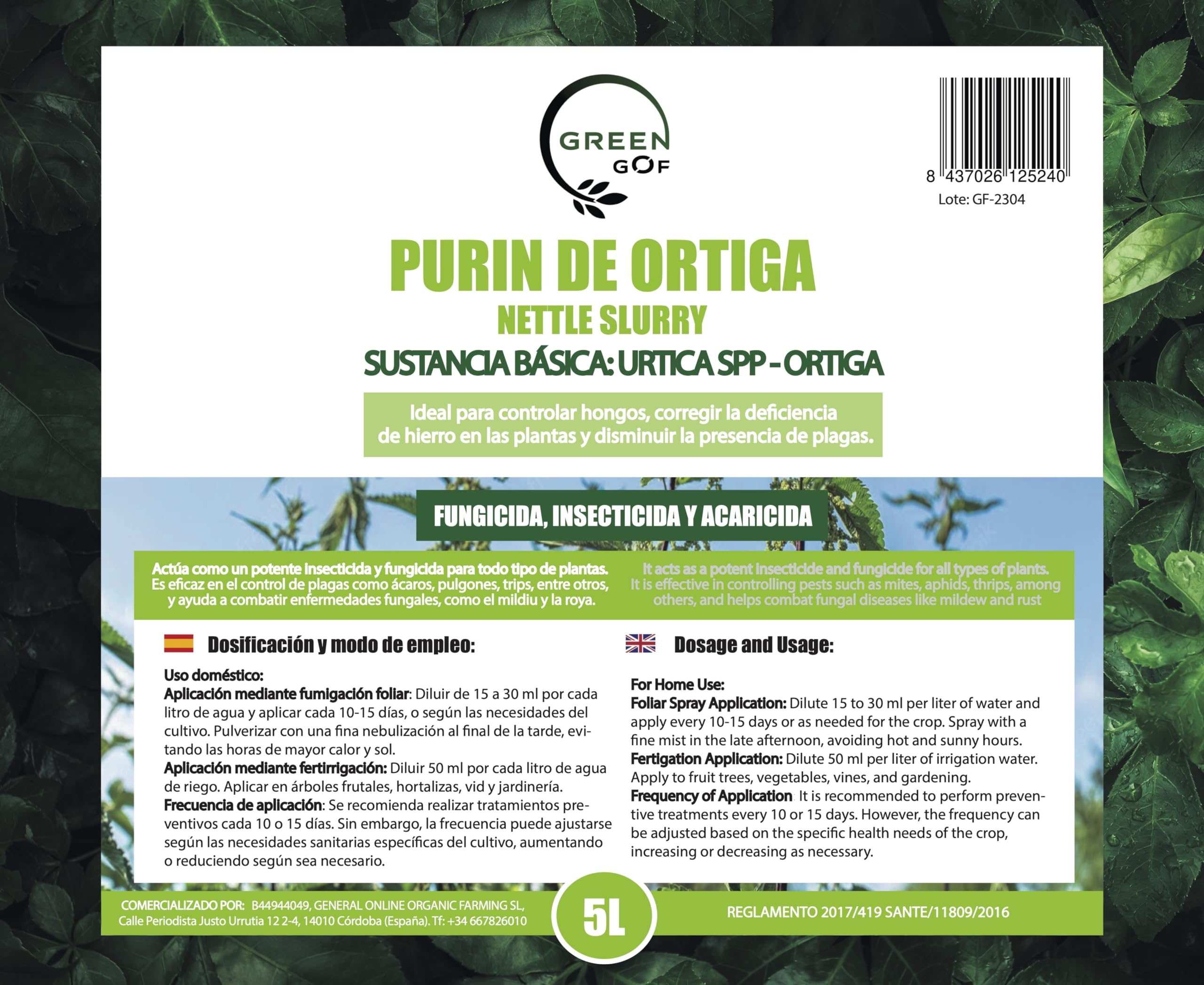 GREENGOF Purin de Ortiga, 5L. Insecticida, Fungicida, Acaricida para el Control de Hongos y para Corregir la clorosis férrica. Orgánico y 100% Natural. Curativo y Preventivo.