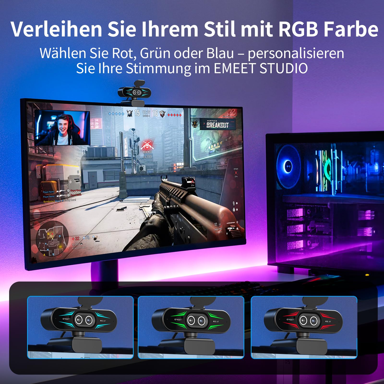 EMEET C60E Dual-Kamera-4K-Webcam für Streaming, Weitwinkel- und Teleobjektiv, bis zu 11-facher Hybrid-Zoom & PDAF-Autofokus, Fernbedienung, RGB-Beleuchtung, 2 Mikrofone, ideal für Livestreaming
