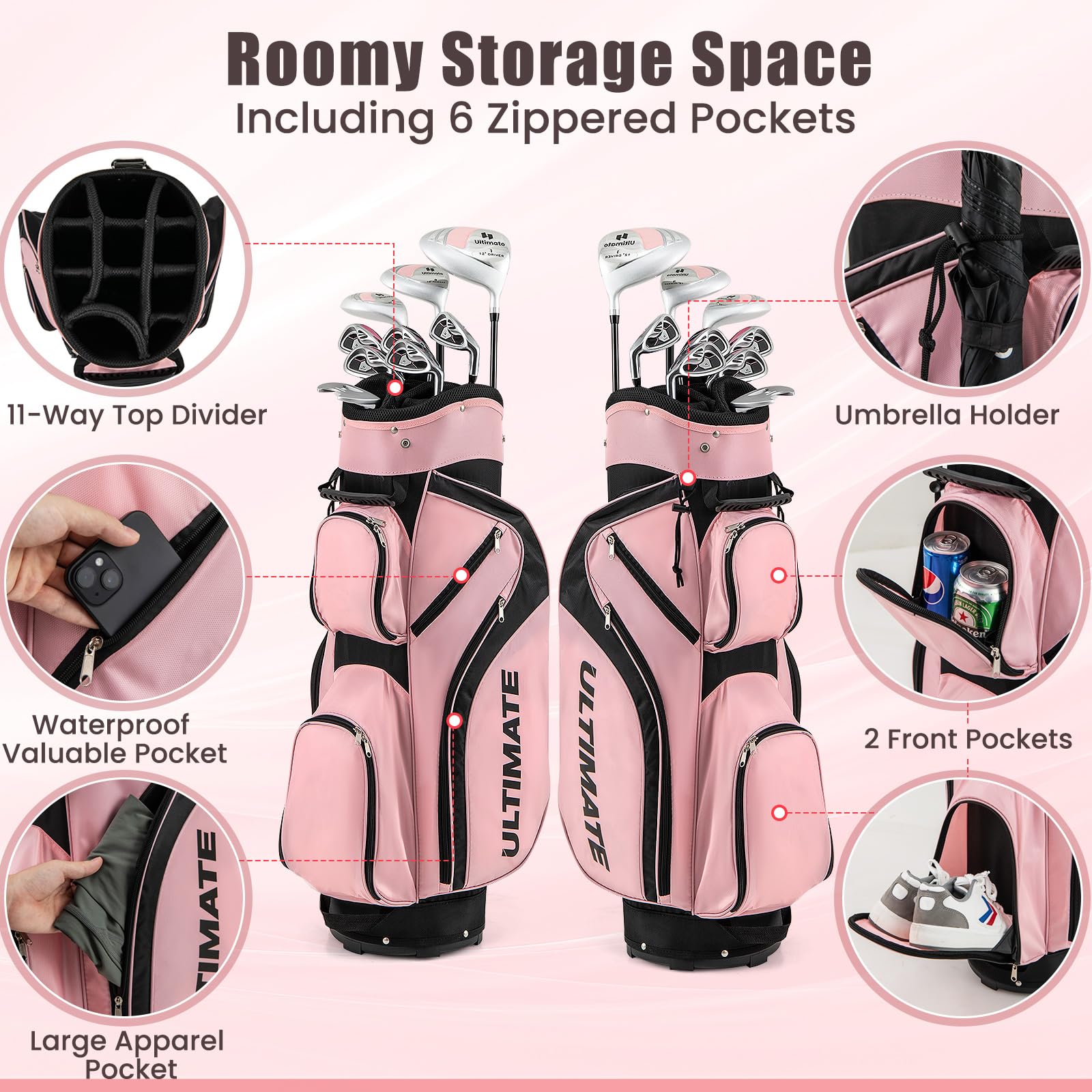GYMAX Set di Mazze da Golf per Donna con Sacca Portatile, Kit Completo di 10 Pezzi per Donna con Driver 460 cc in Lega, Legno 3 di Fairway, Ibrido 4, Ferro 6 7 8 9 e Putter, Rosa