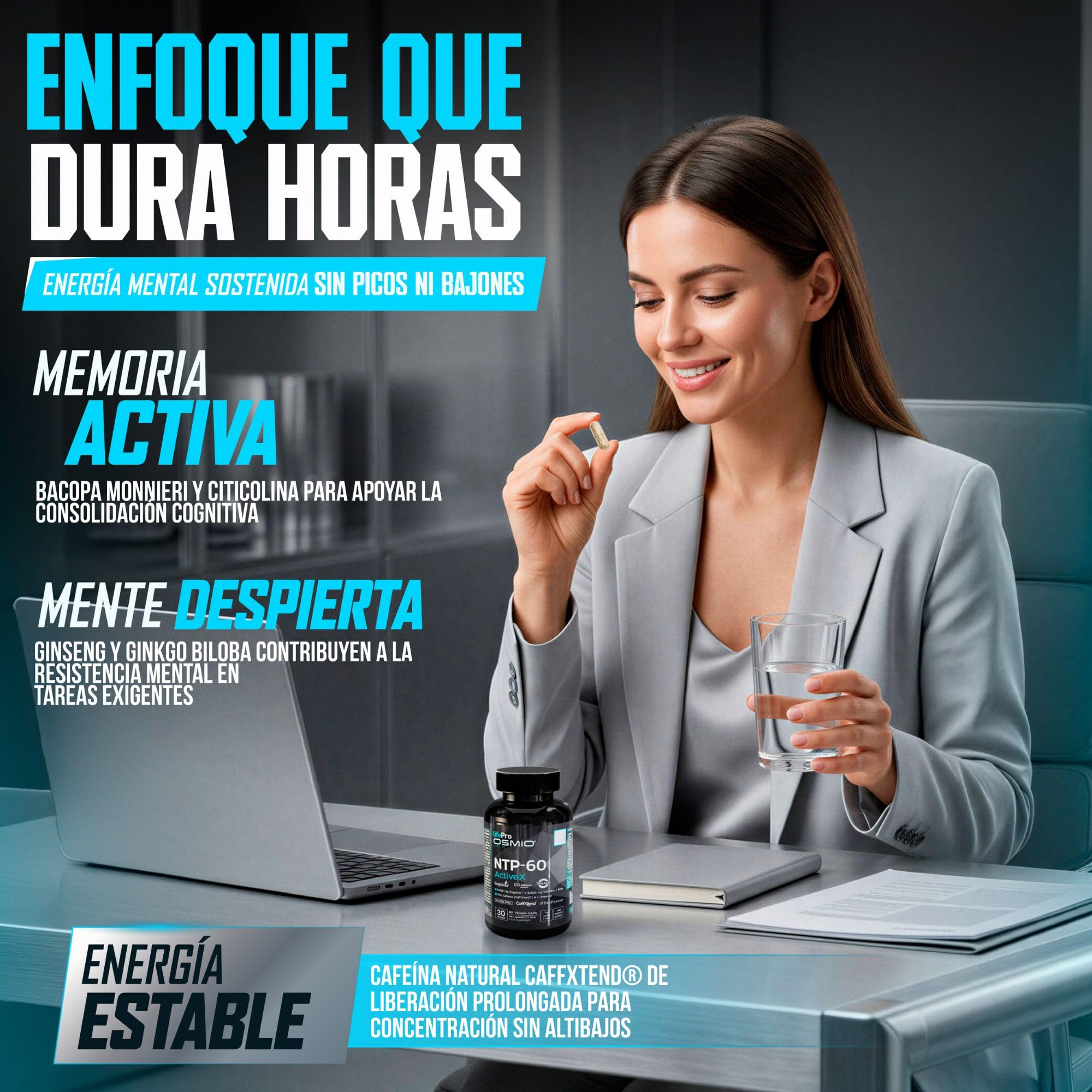 Lifepro Nootropikum mit natürlichem Koffein für anhaltende Energie und Wachheit mit Cognivia™, Ginseng, Bacopa, Ginkgo, Grüntee, Löwenmähne, Vitamin B6/B12, Zink und BioPerine
