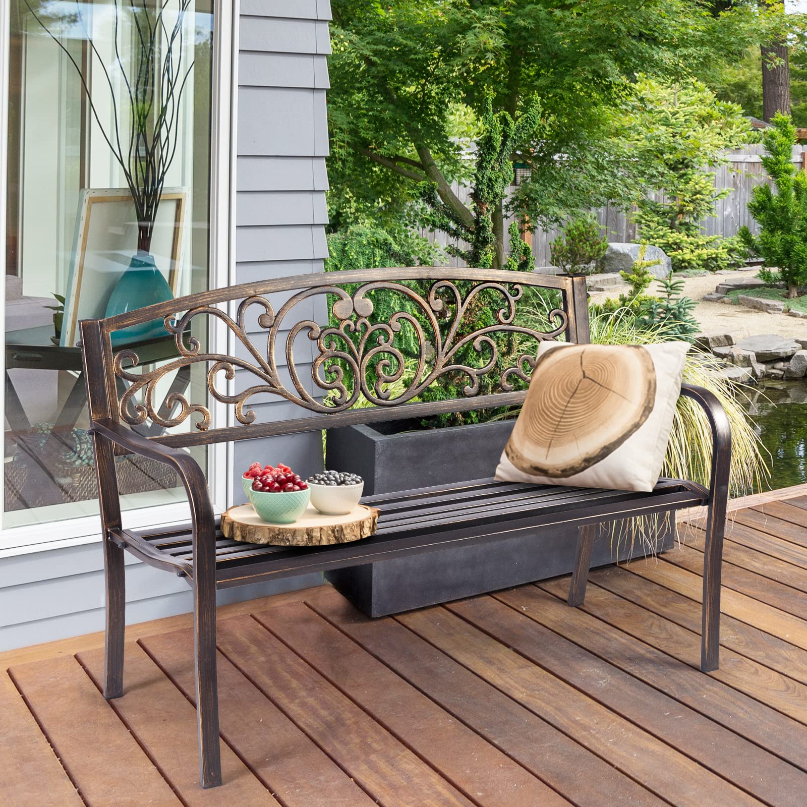 GIANTEX Panchina in Ferro da Giardino a 2 Posti, Panca con Schienale Belle e Braccioli, Panchina Vintage a Doppio Posto per Balcone, Terrazza, 127 x 60 x 82 cm, Bronzo