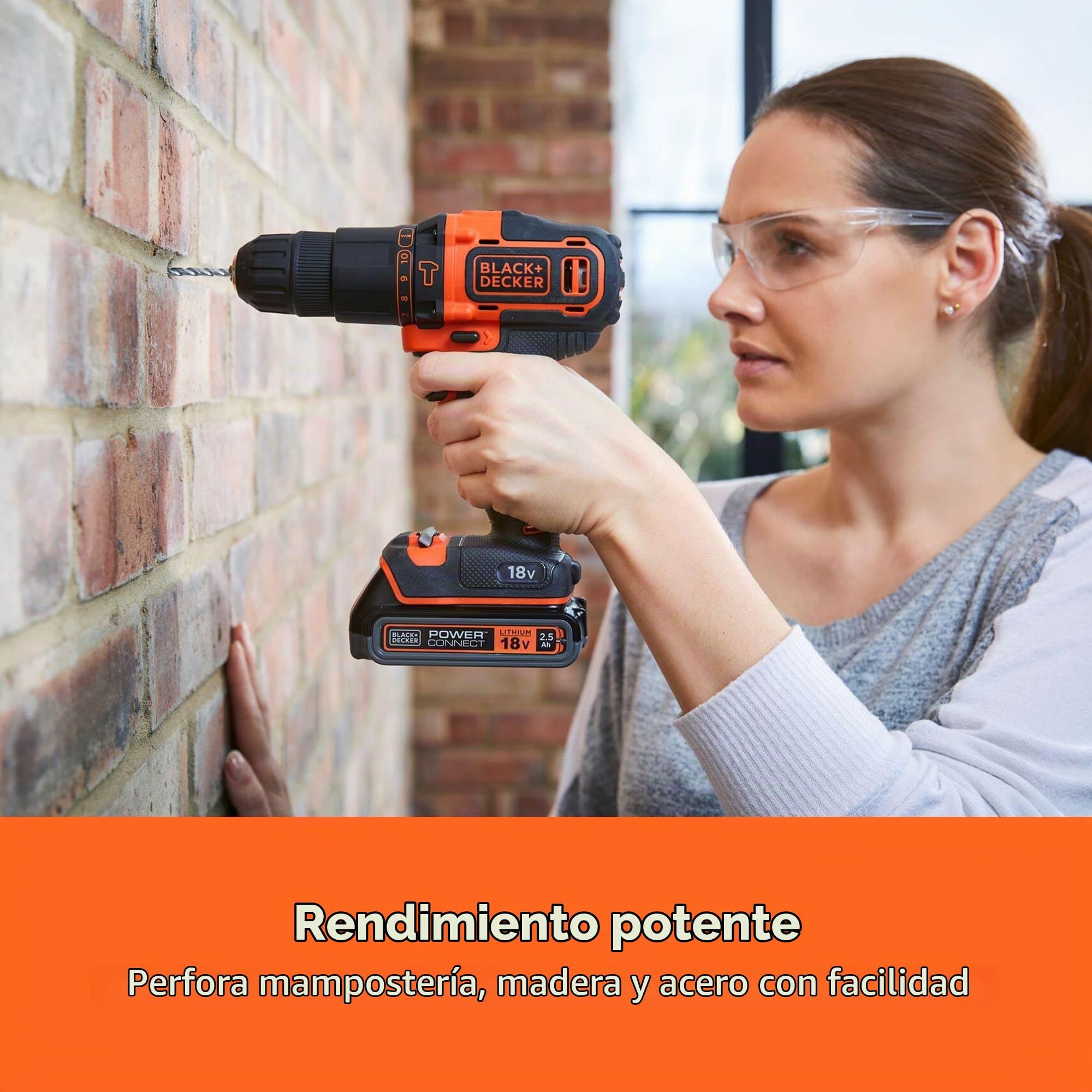 BLACK+DECKER Taladro de percusión 18V, 2 baterías 2Ah, cargador 400mA, 100 accesorios, maletín, BDCHD18D2AB-QW