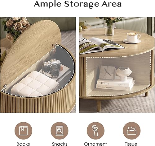 Miniatura 4 de Mesa de centro redonda para sala de estar, comedor u hogares con espacio reducido, con almacenamiento y puerta corrediza, estilo moderno de mediados