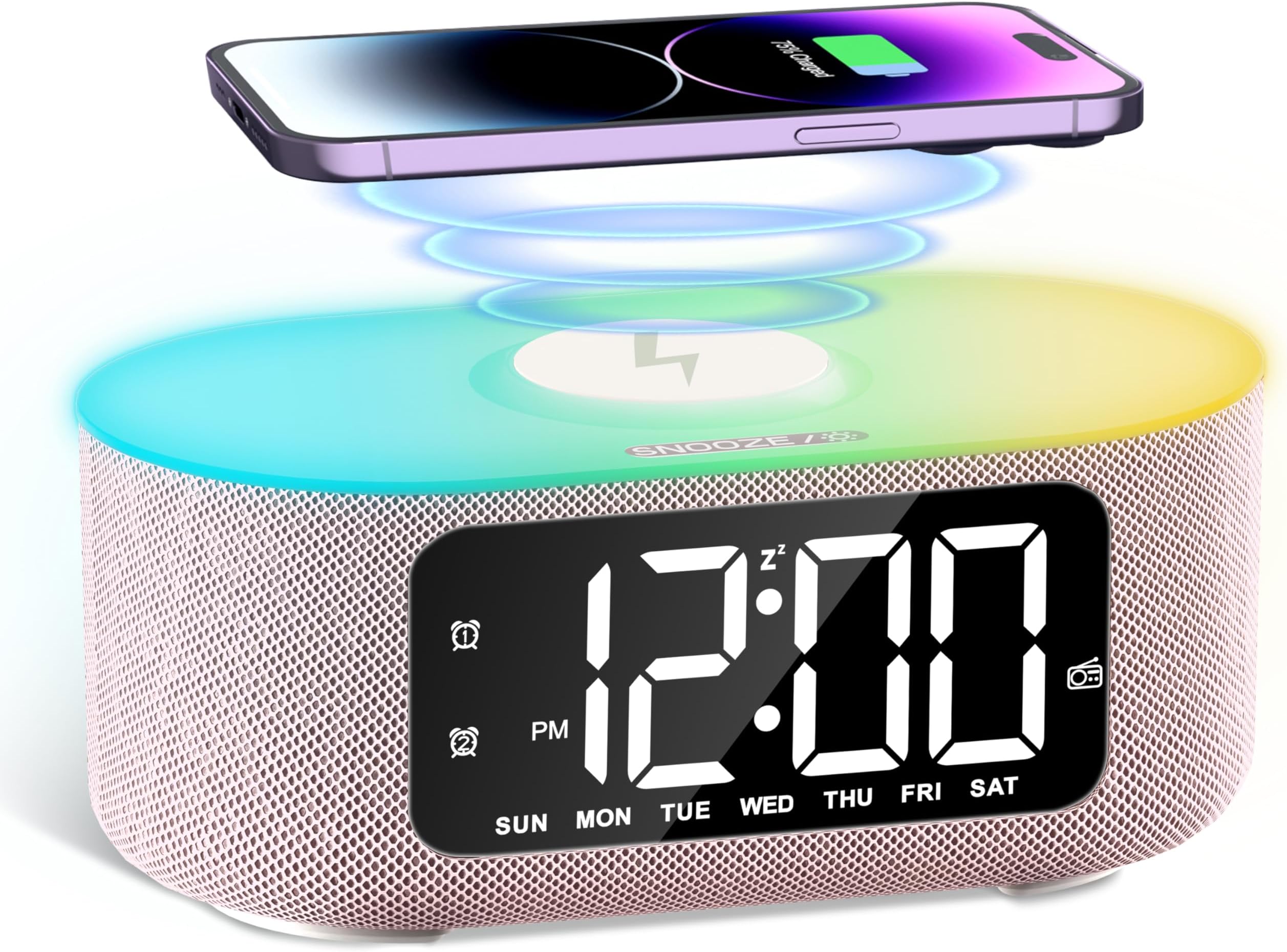 Fabric Alarm Clock for Bedroom, with Big Led Screen Display, Bluetooth Stereo Sound Speaker, FM Radio, Fast Wireless Charging, USB Charging Port, Nightlight, White Noise, Ideal for Gift, Pink