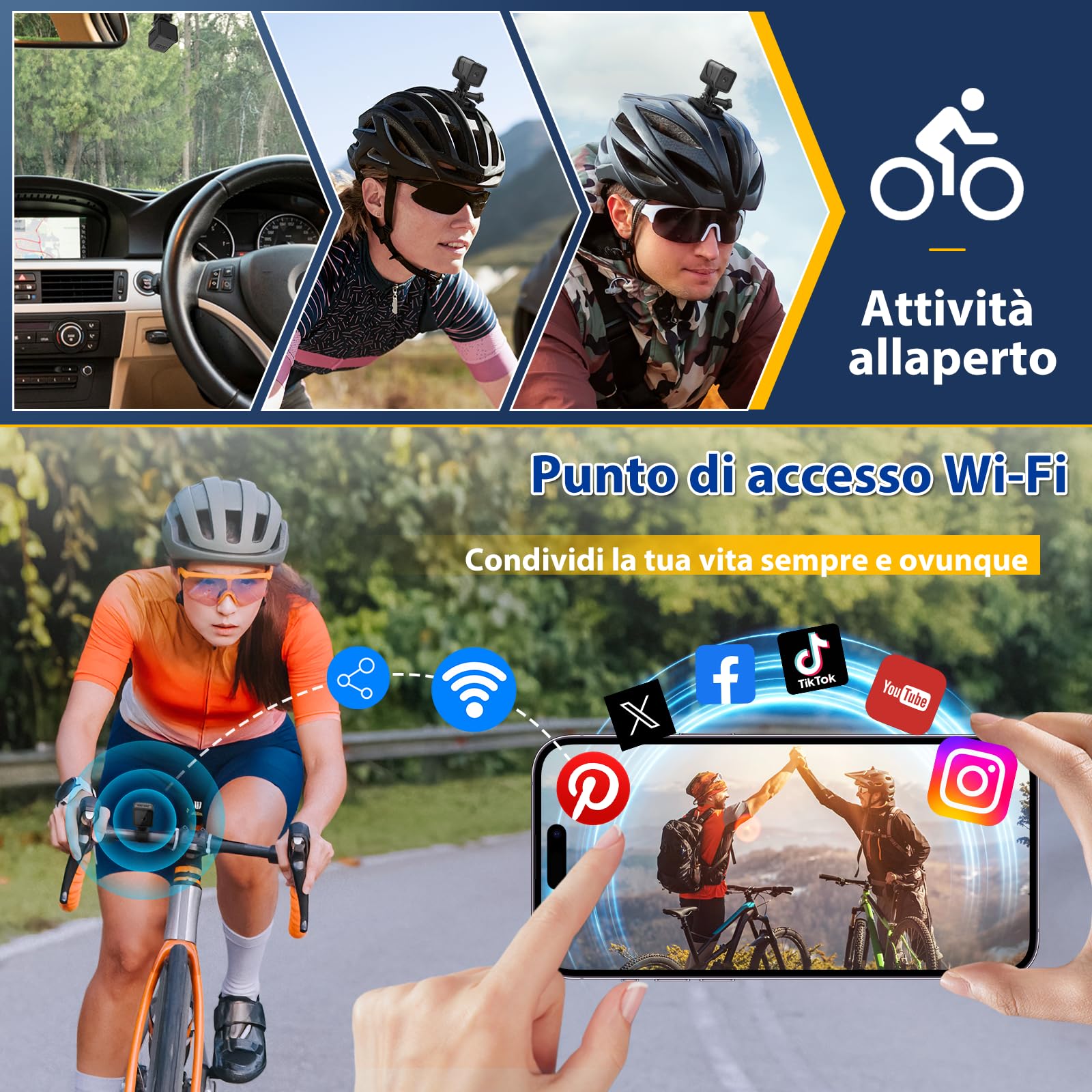 AIKER Dash Cam Moto Mini WiFi Action Cam IP66 1080PHD 120° Regolazione Automatica 64GB