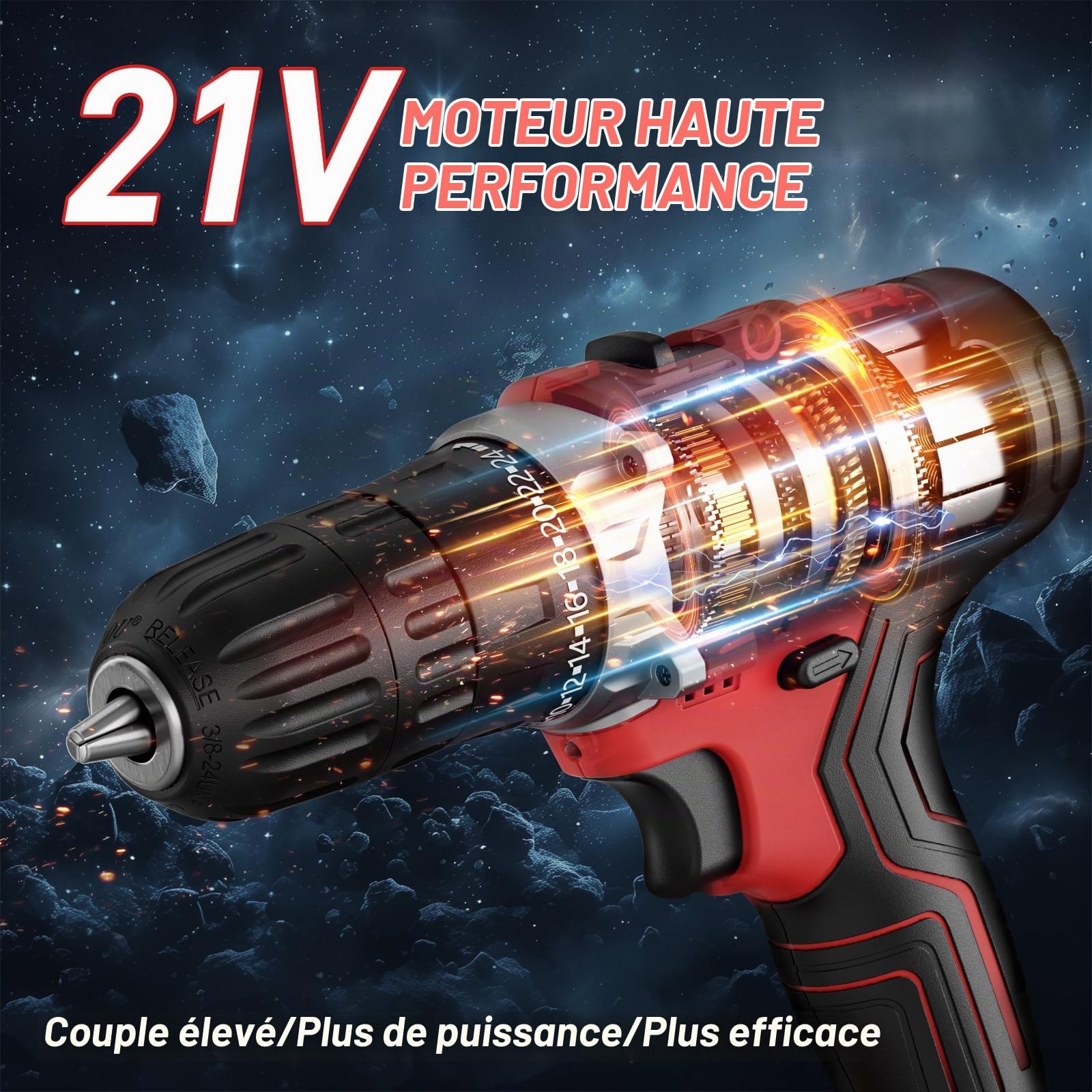 Perceuse Visseuse Devisseuse Sans Fil 21V,25 Accessoires, niveau de couple 24 + 1, 2 vitesses et LED, pince de perçage 10mm pour réparation à domicile, travaux à domicile