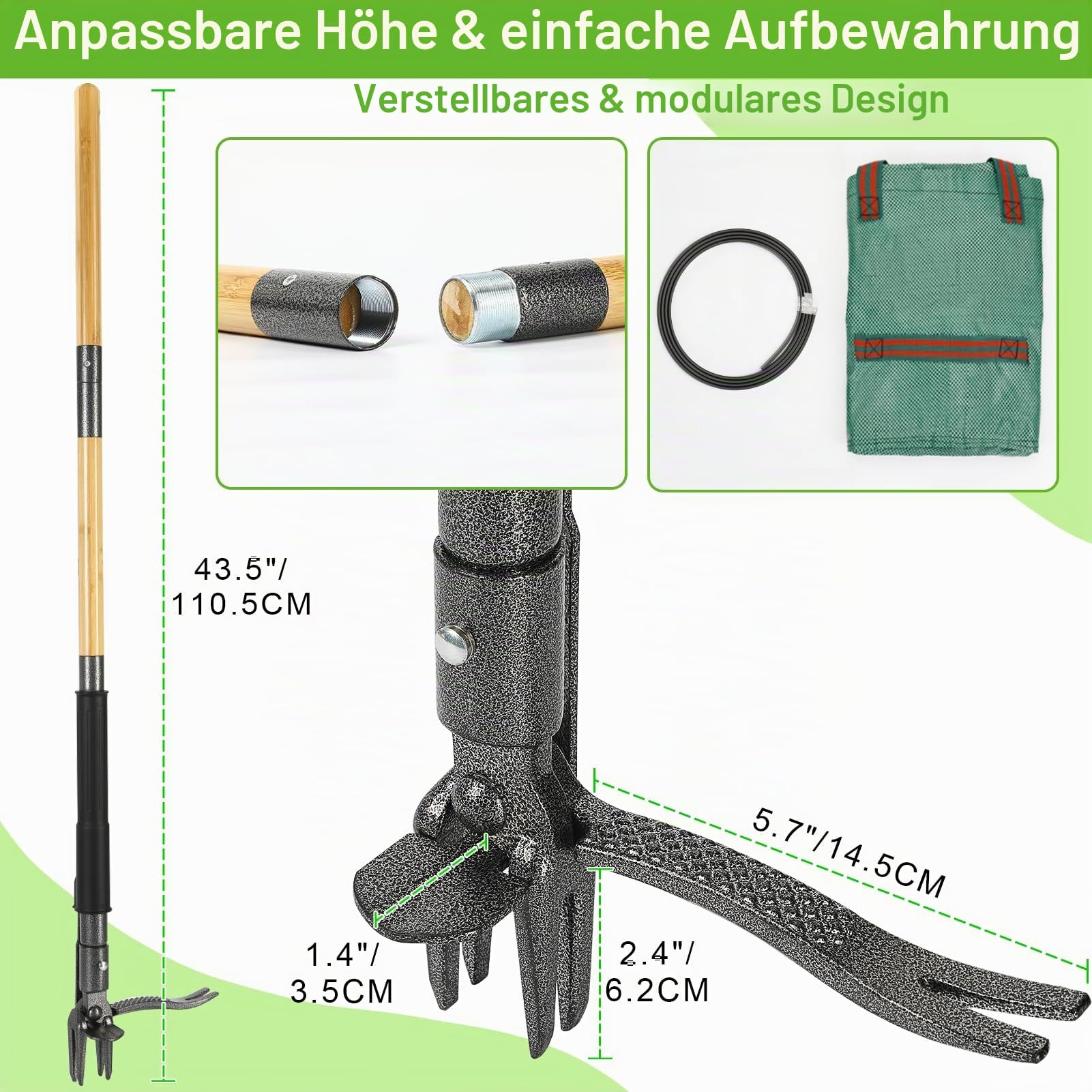 Unkrautstecher, Schweres Unkraut Entferner Gerät mit 4-Krallen-Stahlkopf & Dual-Auswurfmechanismus, 110,5 cm Bambus-Langstiel Löwenzahnstecher für Rasen und Hof, inklusive 16-Gallonen-Laubsack
