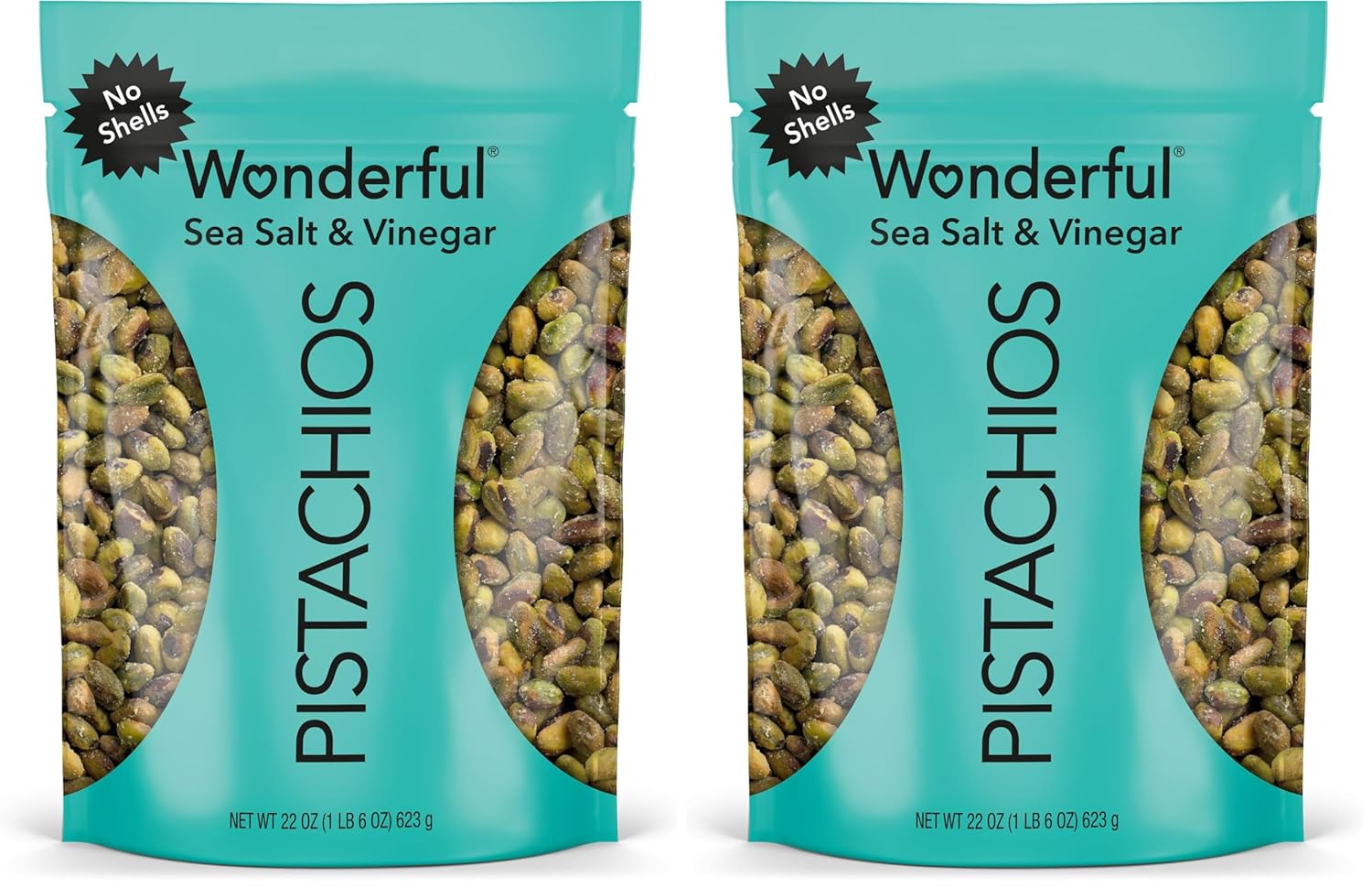 Wonderful Pistachios No Shells, Sea Salt & Vinegar Nuts Resealable Bag, Protein Snacks, Gluten Free, Healthy Snack, 22 Ounce (Pack of 2)