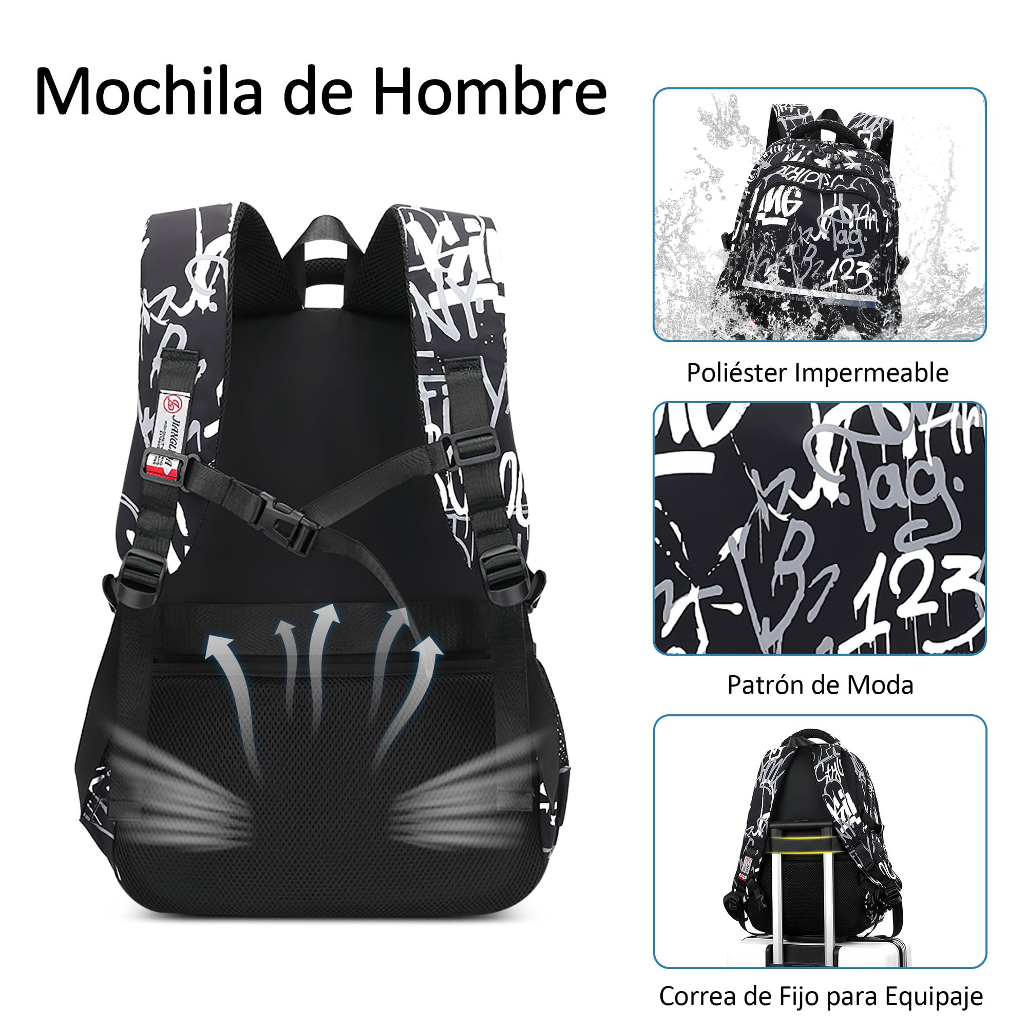 VARLIVOO Mochila Escolares Niños Casual Mochilas Estudiantes Ligera Mochila Portátil Hombre 15,6" Adolescentes Bolsa de Escuela Juveniles Bolsas Colegio Viaje Impermeable Poliéster Daypack Grafiti B