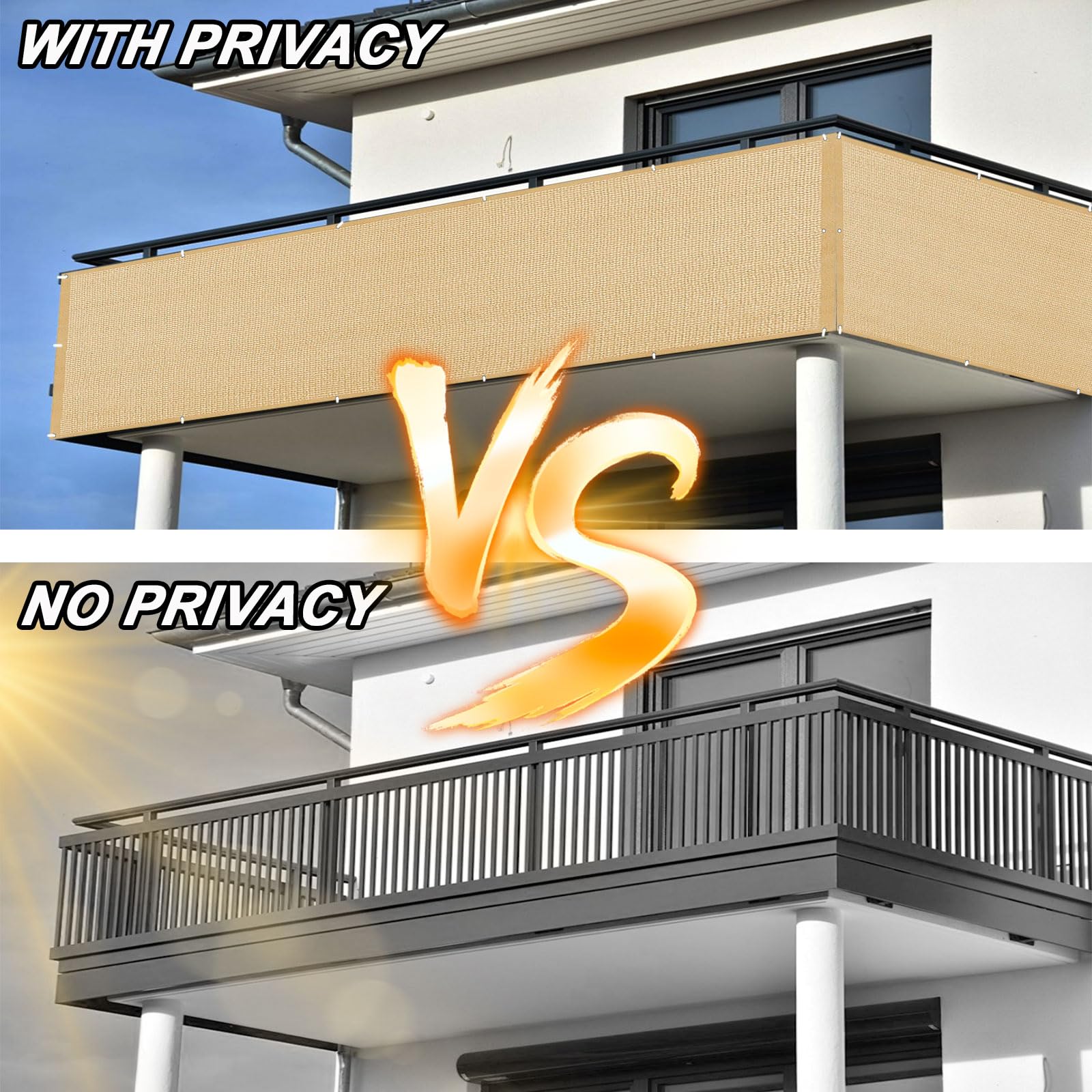 Brise Vue Balcon 100 x 310 cm Hdpe, Respirant, Vent, UV Résistant Écran D'Intimité avec Attaches de Câble Œillets, Résistant Aux Intempéries pour Jardin, Balcon, Jaune Sable