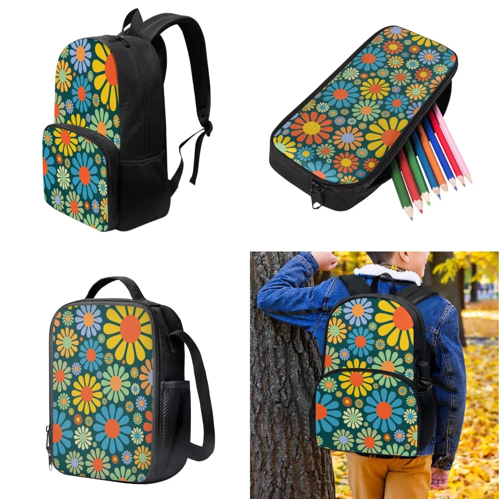 POLERO Juego de 3 bolsas escolares con impresión 3D para el almuerzo, estuche para lápices, Flores hippie, Talla única, Mochila infantil