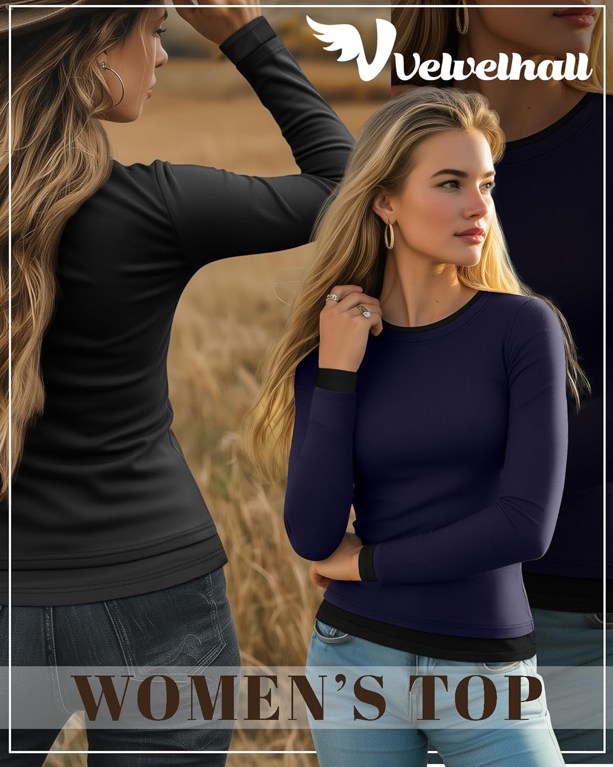 3 Pack Women's Long Sleeve Crew Neck Shirts Fake Two Pieces Slim Fit Casual Tops Tight Basic Layering Look Tees - Image 6