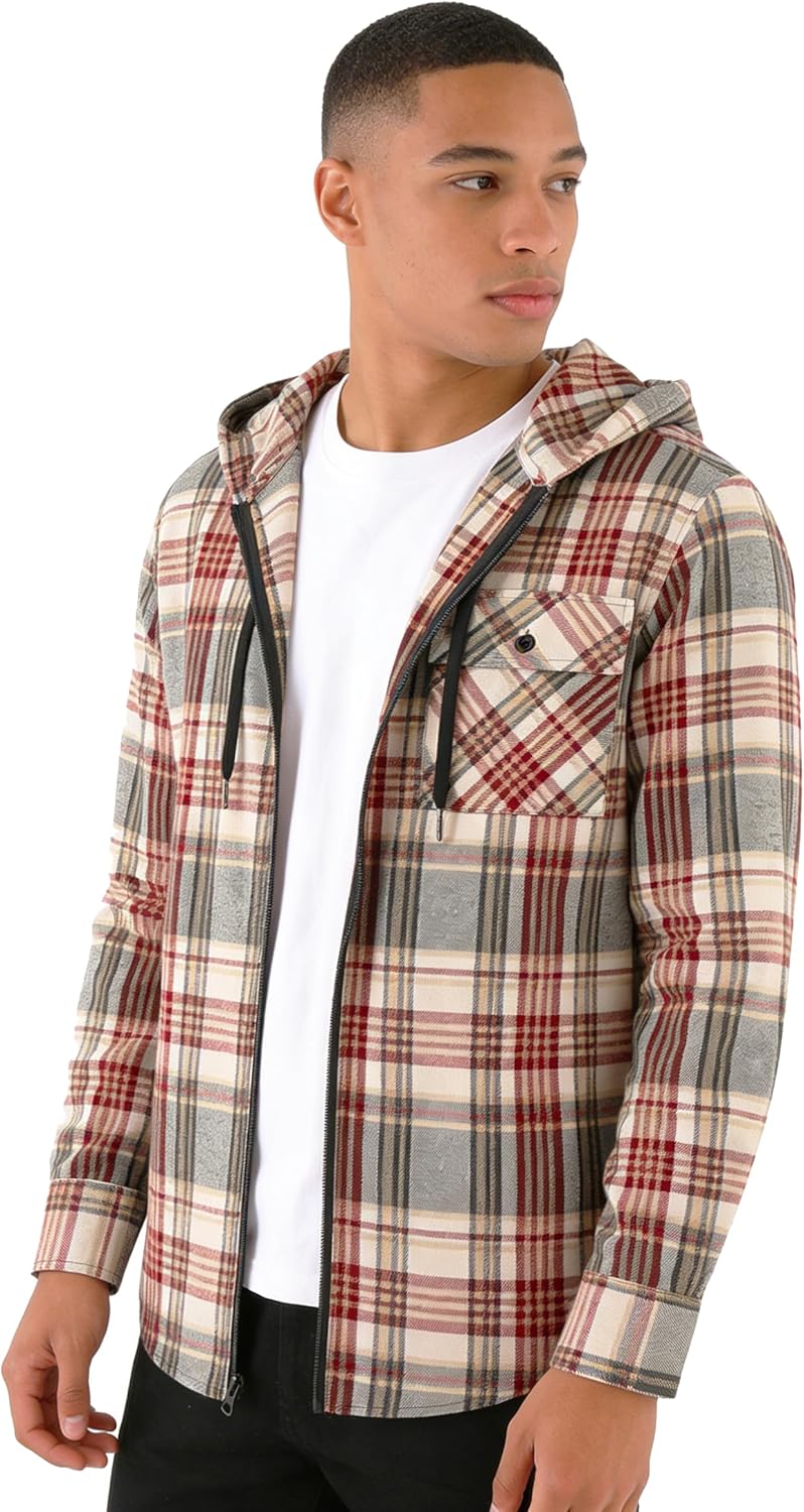 Hooded Flannel Shirt for Men Spring Casual Zip Up Plaid Hoodie Stylish Long Sleeve Plaid Shirts with Pocket