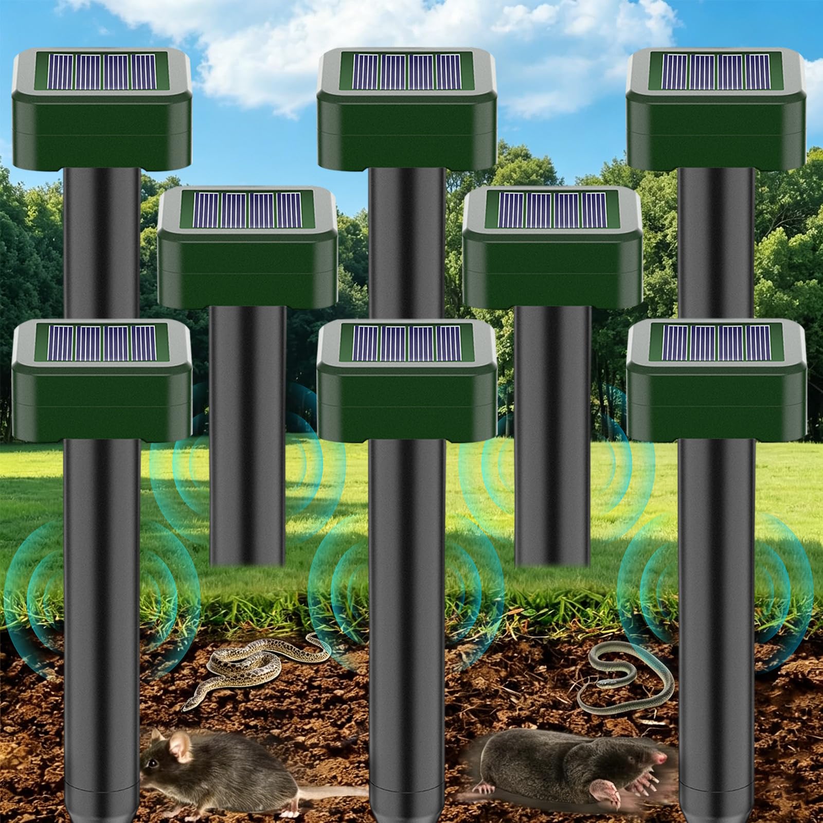 Mole Repellent Solar Ultrasonic 8 Pack,Outdoor Powered Sonic Deterrent,IP66 Waterproof,Mole Stopper Scare Vole for Lawn Garden & Yard Home,Groundhog Repeller Snake Rodent Chaser