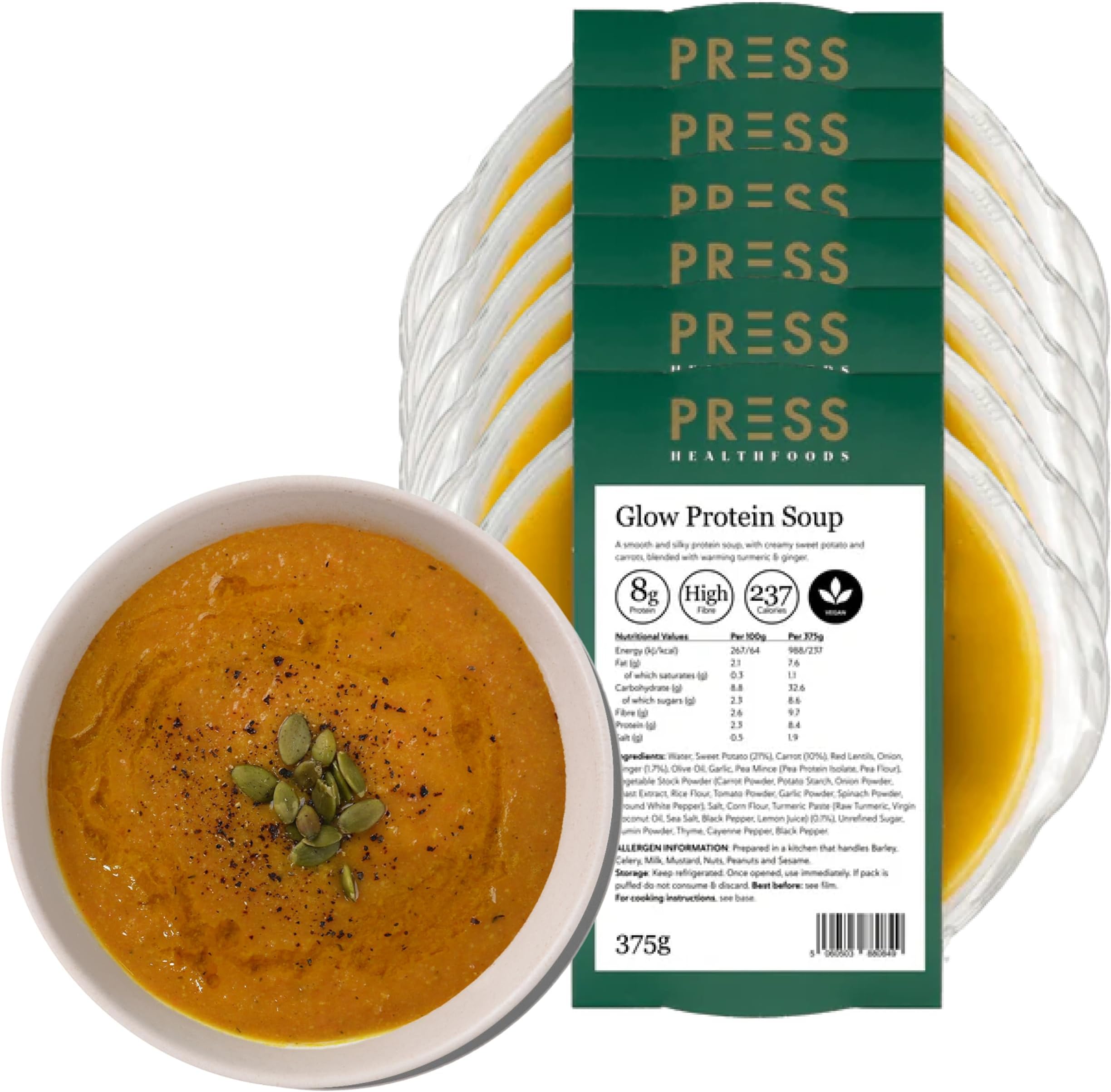 PRESS Healthfoods Sweet Potato & Carrot Soup 6x375g |High Protein & Vegan