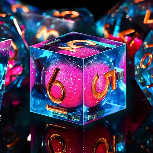 Miniatura 31 de AUSTOR Juego de dados DND de resina de núcleo líquido, de borde afilado, 7 troqueles, juego de dados DND de arena movediza hechos a mano