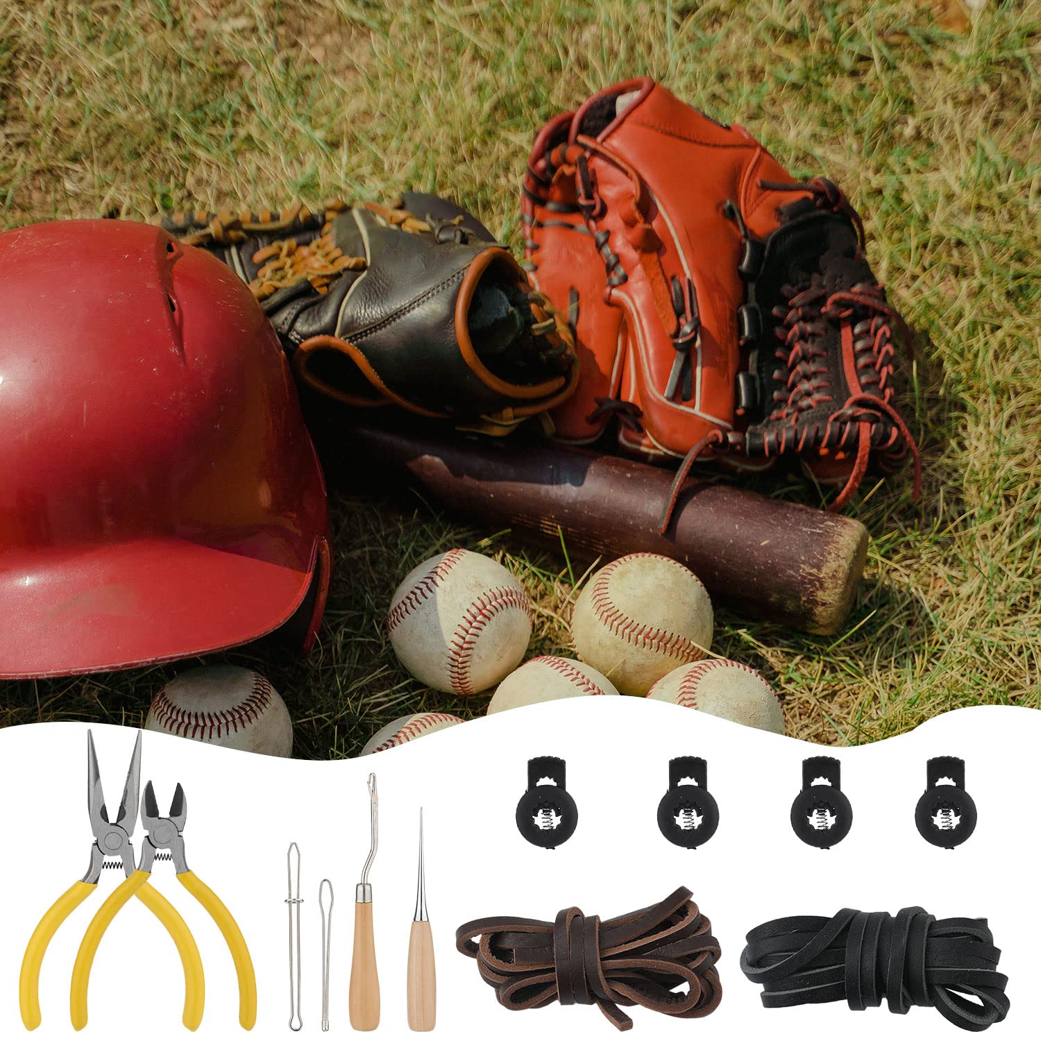Luter 12pcs Kit de Réparation de Gant de Baseball, Dentelle kit de Cordon pour Gants de Softball Comprenant des Bandes Un Enfileur de Dessin des Verrous de Gant avec Une Boîte d'Accessoires De Gant