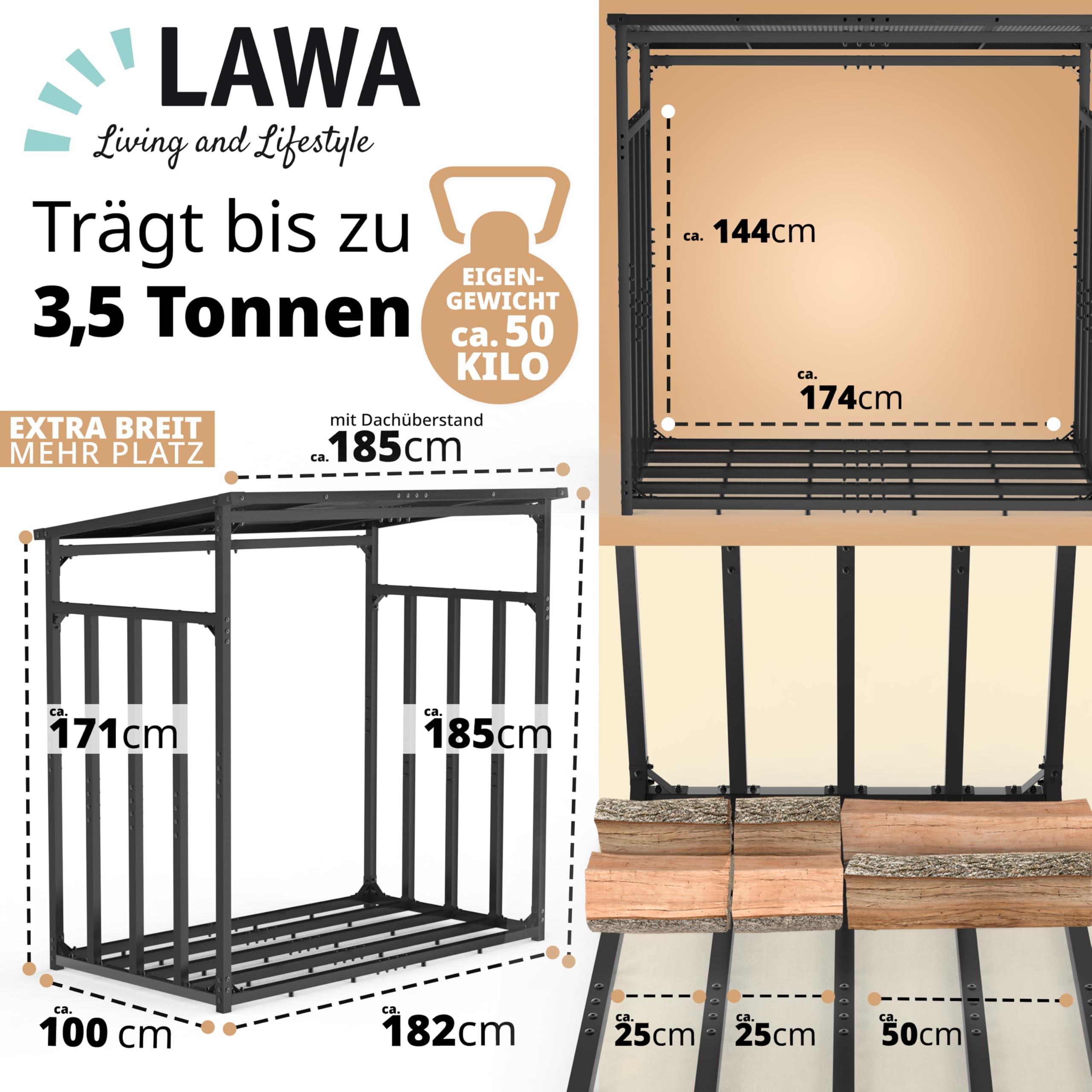 LAWA Kaminholzregal Metall mit Dach 185x105x185 verzinkt | 3,5t Tragfähigkeit, 1m tief, Brennholzregal außen, Stapelhilfe, Unterstand für Feuerholz, für 25cm Holzscheite