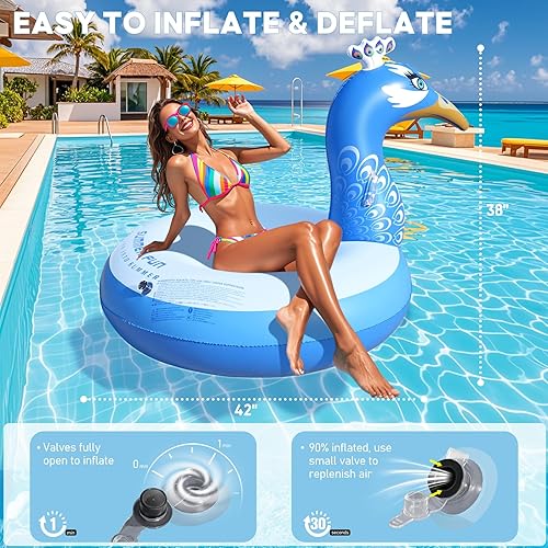 Miniatura 3 de DeeprBetter Flotador inflable de pavo real para piscina, flotadores inflables de piscina, flotadores de piscina de animales grandes para adultos,