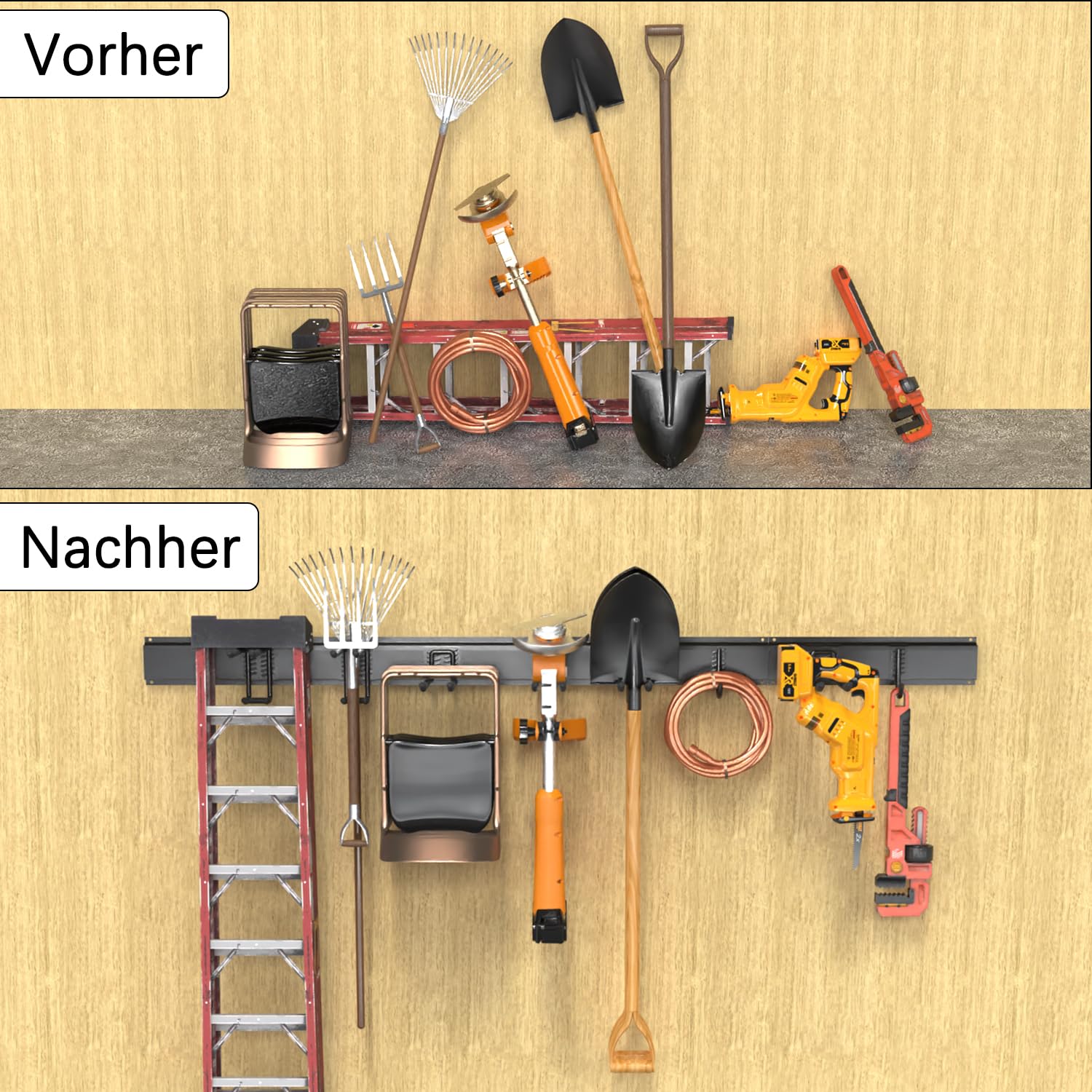 3-H Garage Aufbewahrung,120cm Einstellbar 10 Wandhaken Garagen und 4 S Haken für Gartengeräte,Werkzeughalter Wand Gartengerätehalter für Garage Keller Skiausrüstung Besen Stühl Rechen Schaufel Schwarz