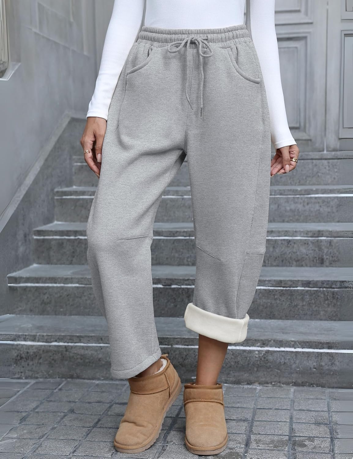 Yeokou Womens Fleece Lined Sweatpants Barrel Leg High Waist Winter Joggers Cozy Home Travel Lounge Pants with Pockets - Image 2