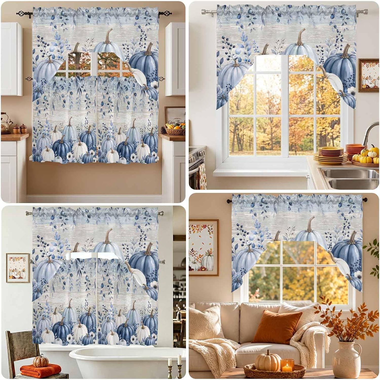 Blue Grey Pumpkins Fall Swag Valances for Windows, Thanksgiving Kitchen Window Curtains Over Sink, Floral Botanical Vintage Rod Pocket Window Treatment Swag Curtain Drapes for Bedroom Bathroom 56"x36"