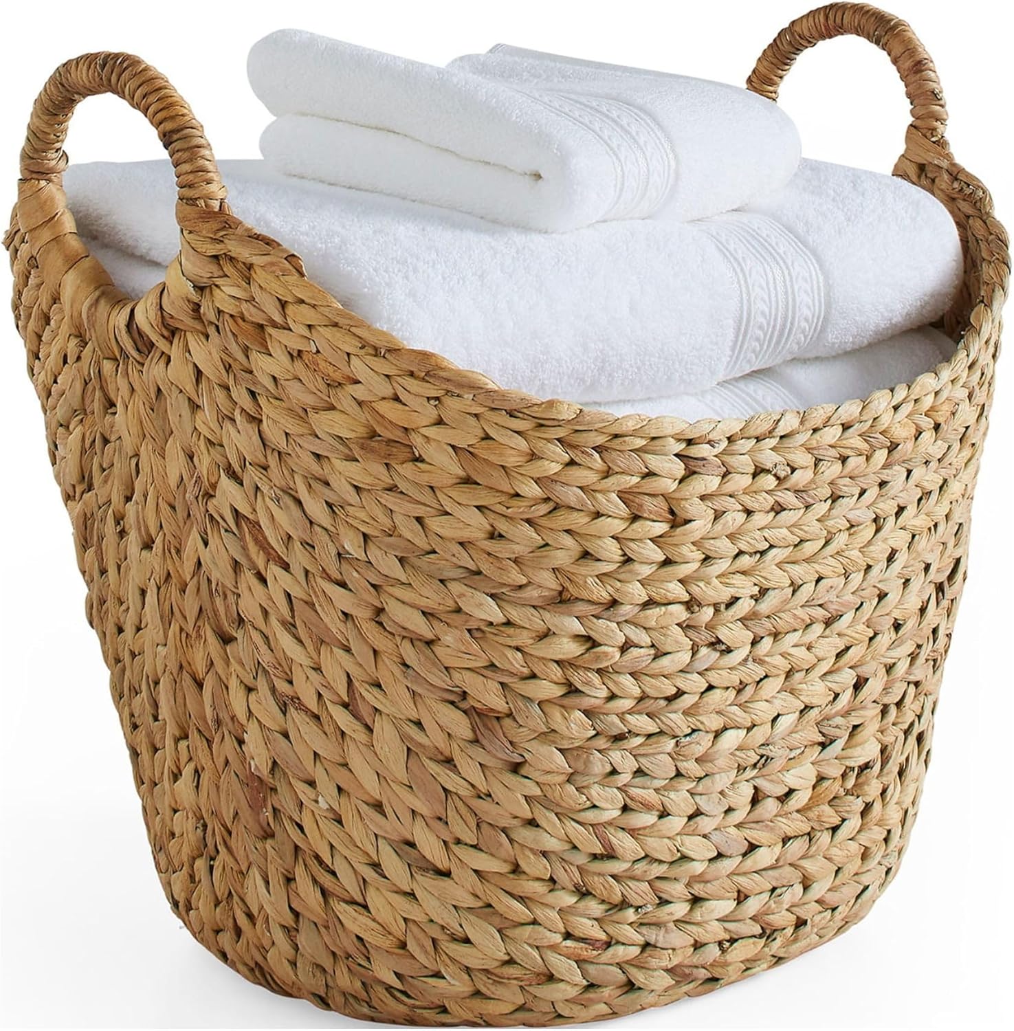 Wicker Luandry Basket, Handmade Water Hyacinth Basket with Ring Handles, Boat Shape Decorative Organizer for Bathroom, Living Room,Washroom,Brown