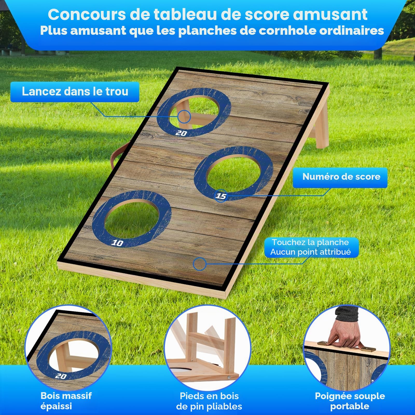NZQXJXZ Cornhole Jeu Complet, 60 x 35cm Planches à Trous de Maïs de Qualité | Supérieure en Bois Massif avec 6 Poufs et un Sac de Transport, Ensemble de Jeu de Lancer de Maïs pour Famille et Adultes