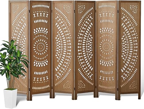 Miniatura 8 de Divisor de habitación, divisor de pared de 5.6 pies, pantalla de madera de 6 paneles, divisores de habitación tallados portátiles independientes