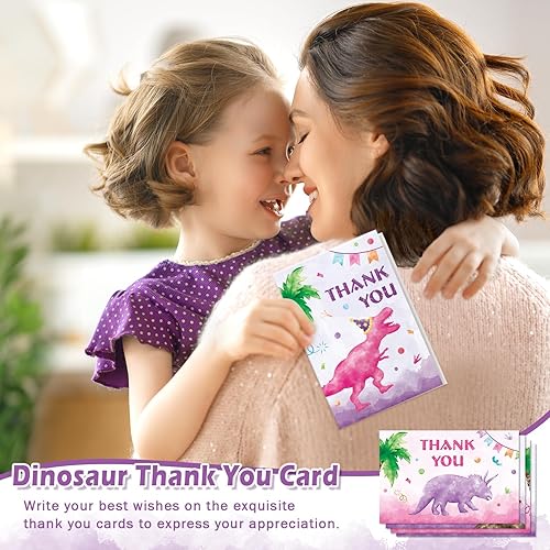 Vista 7 de WERNNSAI Tarjetas de agradecimiento de dinosaurios, 24 unidades, decoraciones de cumpleaños de dinosaurios rosados, tarjetas de felicitación