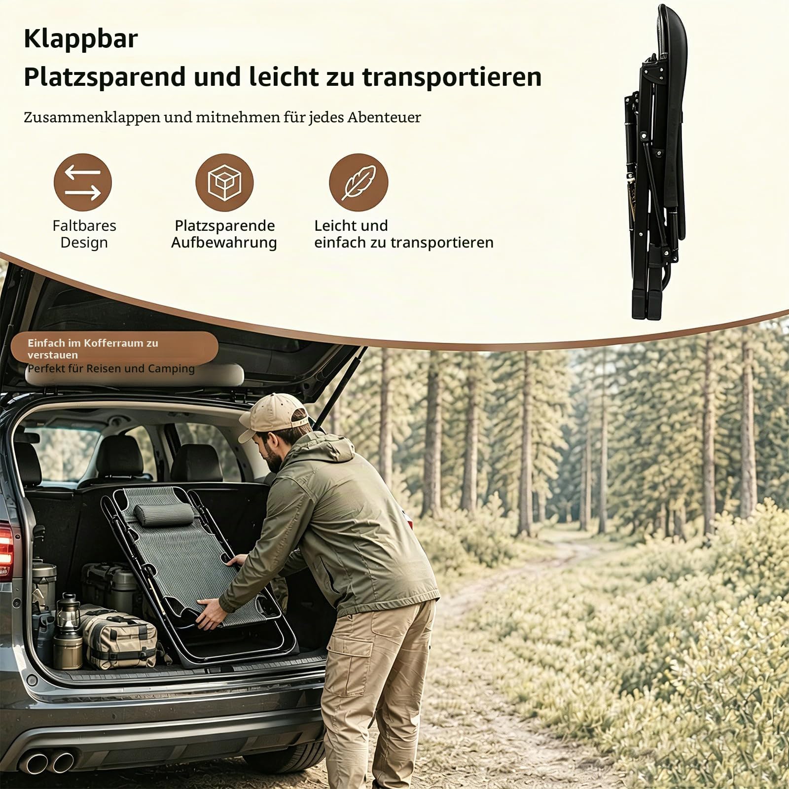 Klappbarer Sonnenliege Liegestuhl, Extra große Gartenliege mit Auflage, wetterfeste Balkonliege mit 7-fach verstellbarer Rückenlehne, Belastbar bis 150kg, Outdoor Relaxliege für Patio & Pool (Schwarz)
