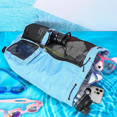 Miniatura 3 de Mochila de malla con cordón de 5 piezas, con bolsillo húmedo, bolsa de gimnasio de malla ligera, mochila de playa para mujeres y hombres, piscina,