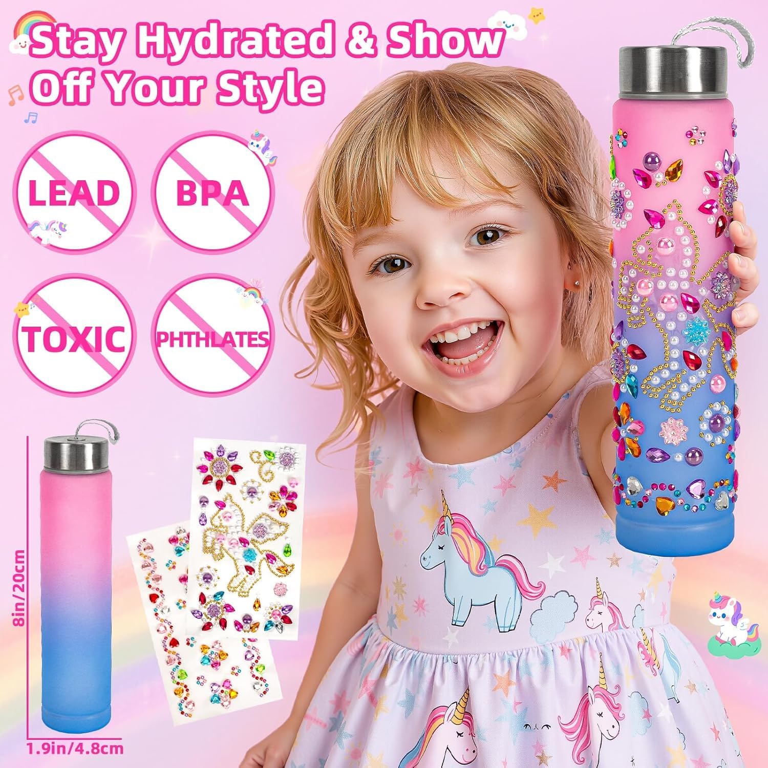Hohosunlar Play Purse for Girls, Kids Handbag with Pretend Makeup, DIY Unicorn Water Bottle, Princess Toy Phone, Watch, Wallet, Cards, Christmas Birthday Gift for Girls Toddler Ages 3-12