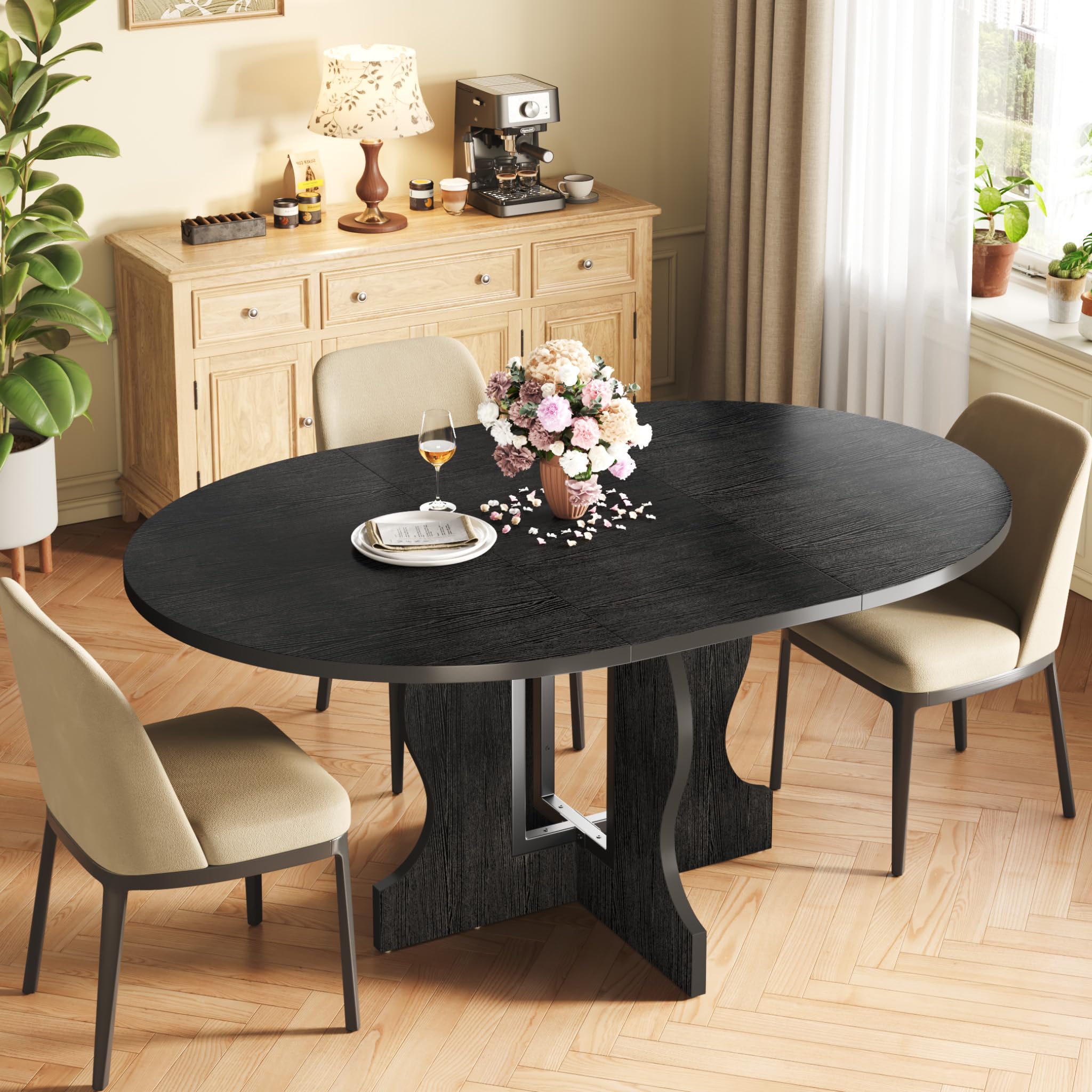 Mondeer Extendable Round Dining Table for 4-8, 43.3"-59" Kitchen Oval Dining Table with Heavy Duty Wood Base and Hidden Extension Storage Space Saving