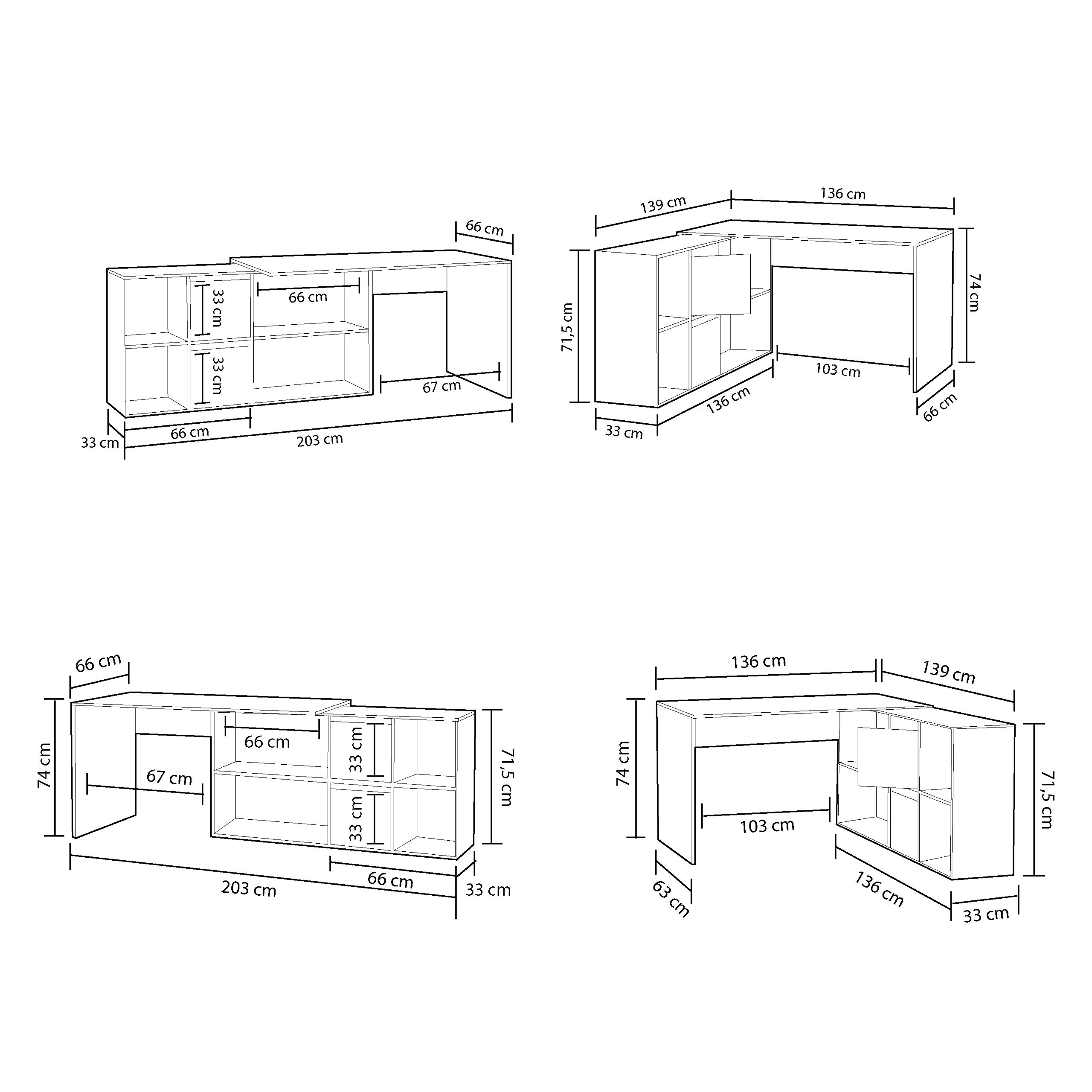 duehome | Escritorio Multiposición Reversible, Mesa Estudio, Mesa PC, Modelo Move, Acabado en Blanco Artik y Roble Canadian, Medidas: 136 cm (Largo) x 139 cm (Ancho) x 74 cm (Alto)