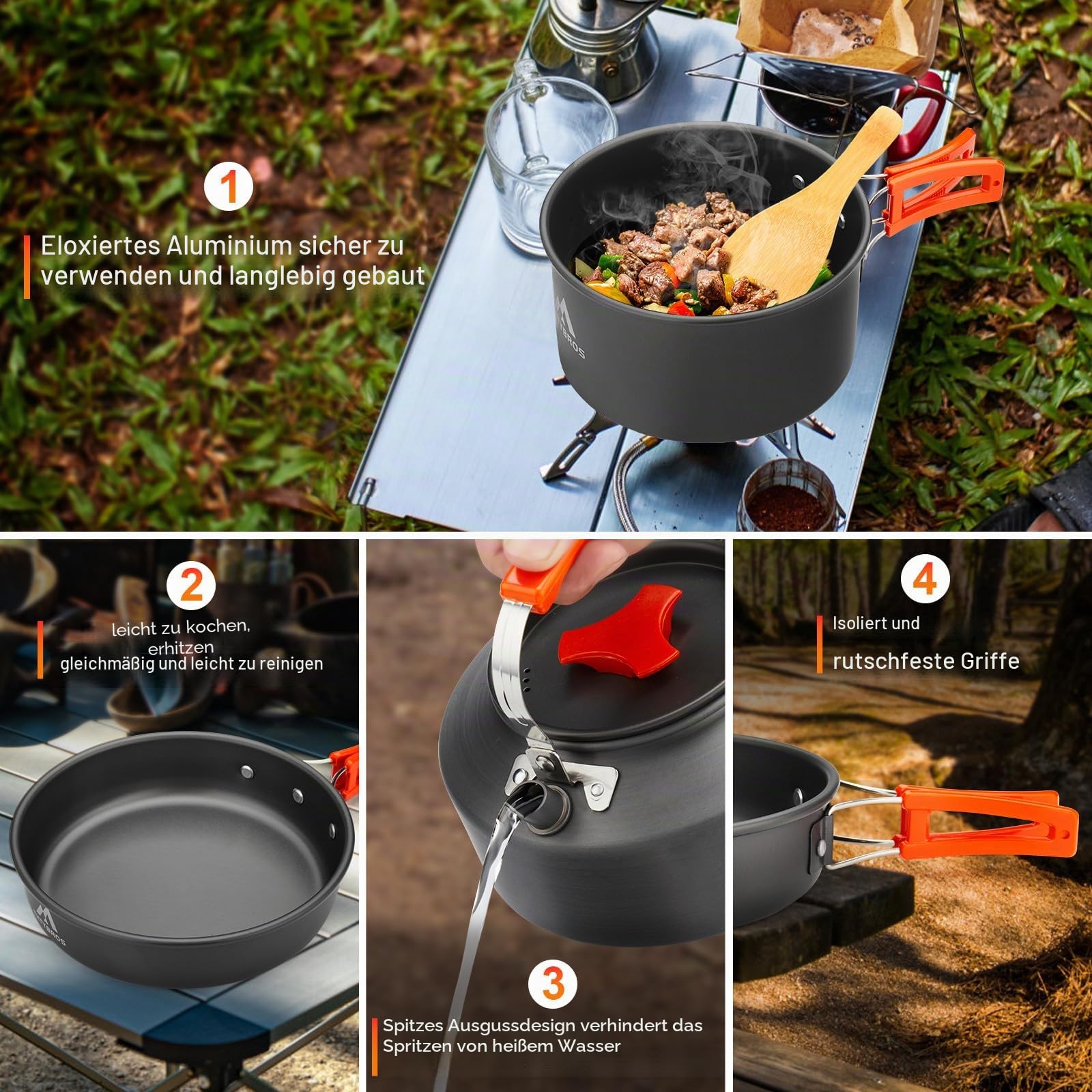 THTYBROS 17-teiliges Camping-Kochgeschirr-Set, hart eloxiertes Aluminium-Topf-Pfanne-Kessel mit 2 Edelstahl-Tassen, Teller, Besteck für Outdoor-Wandern, Rucksackreisen, Picknick