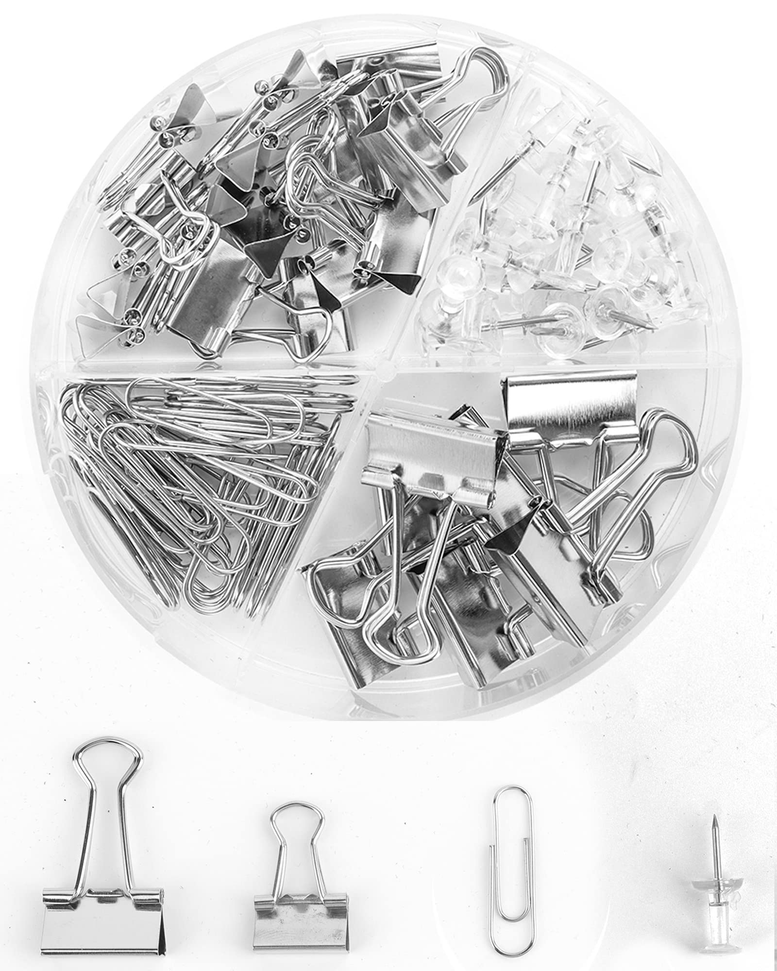 Creechwa Silver Binder Clips and Paper Clips Push Pins Tacks Sets, Total 72 PCS Assorted Sizes Office Supplies Set for Women, Student, School, Home & Desk Supplies