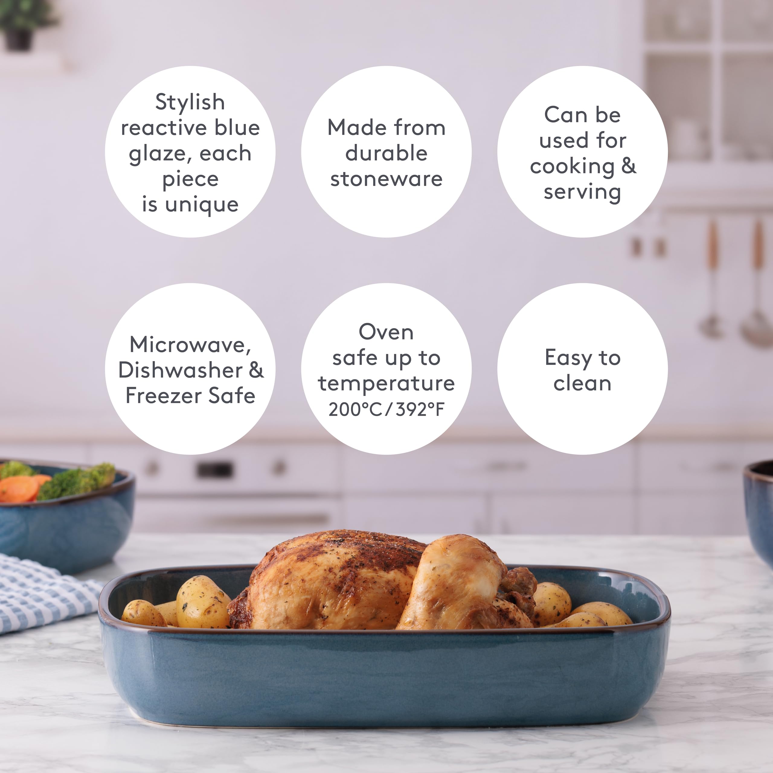 Mason Cash Plat à four rectangulaire bleu réactif 31 cm | 2 litres en grès avec finition émaillée unique – Idéal pour lasagnes, rôtis, légumes et miettes | Passe au lave-vaisselle et au micro-ondes