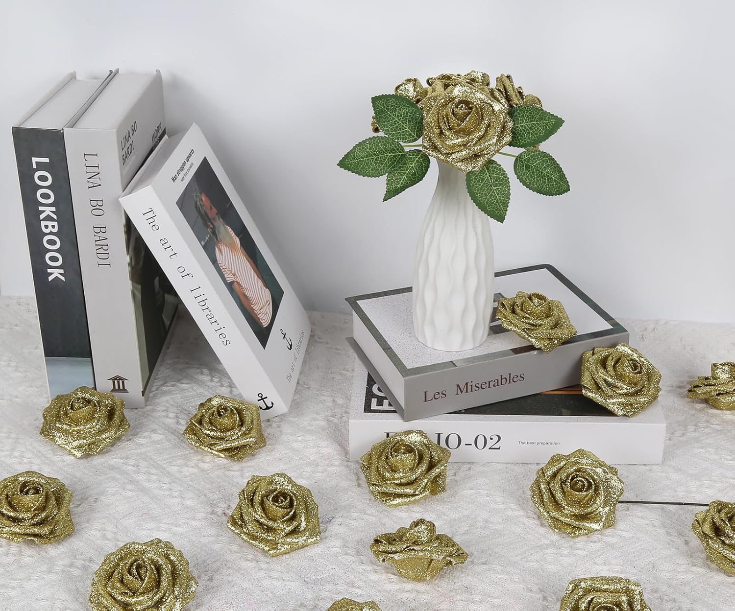 Gold Glitter Roses 30PCS 3.15" Artificial Roses with Stems for DIY Wreath Wedding Christmas Home Party Decor - Image 2