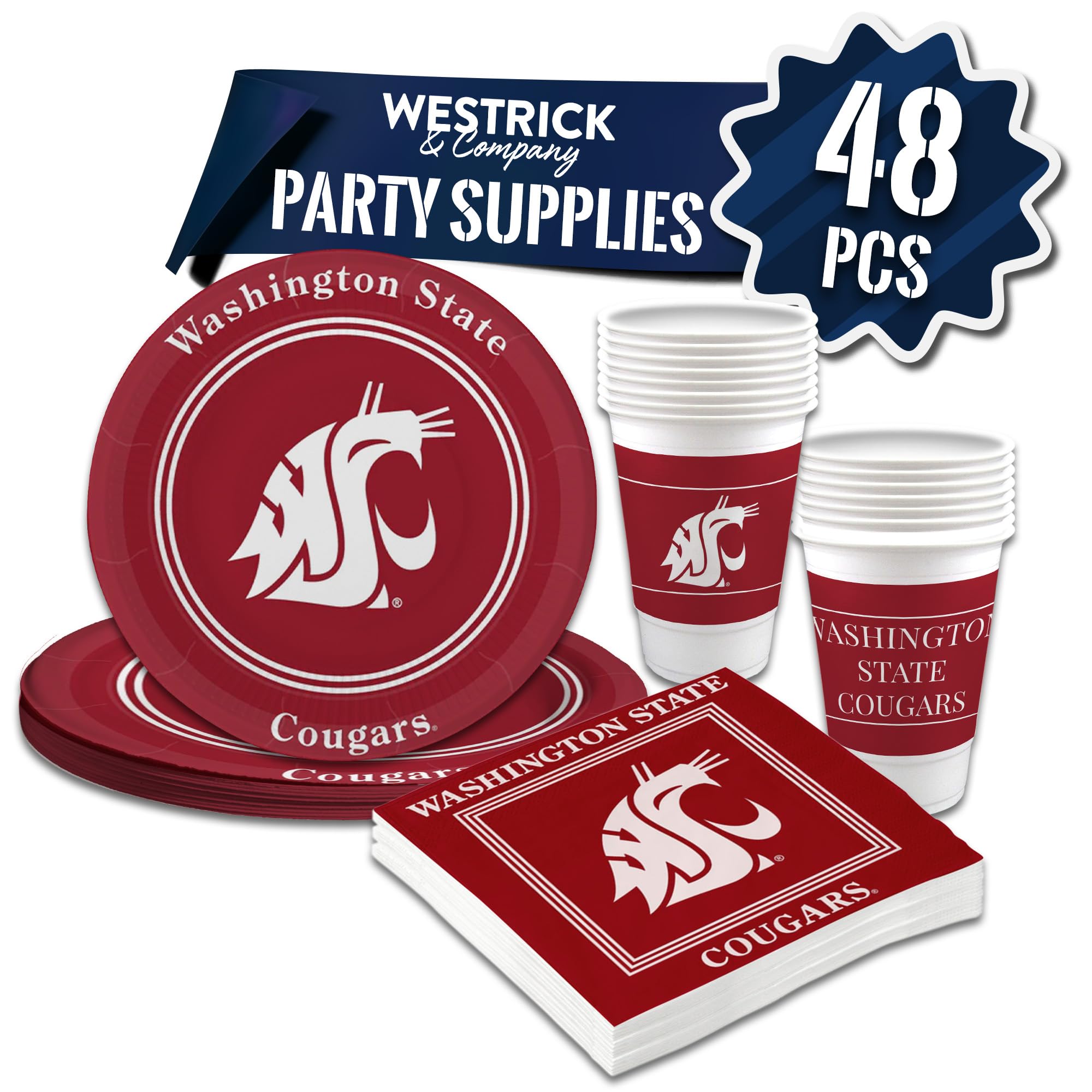 WestrickWashington State Cougars Party Supplies 48 Pieces Officially Licensed University Set: 16 oz. Plastic Beverage Cups, 9" Paper Plates, Luncheon Napkins, Complete Party Supplies 16 Guests by Westrick
