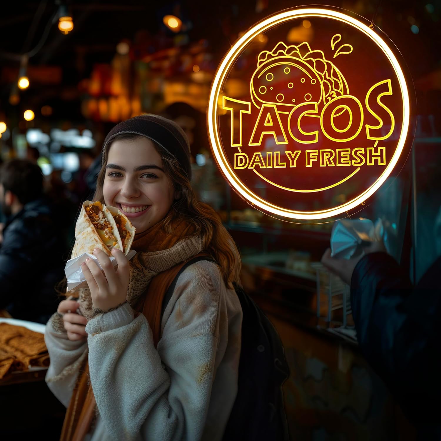 Neon Taco Bar Sign, USB Powered Tacos Burritos LED Light Up Sign for Business Display, Mexican Restaurant Shop Store Decor, Kitchen Dining Room Mexican Fiesta Taco Party Décor, 12”×12”