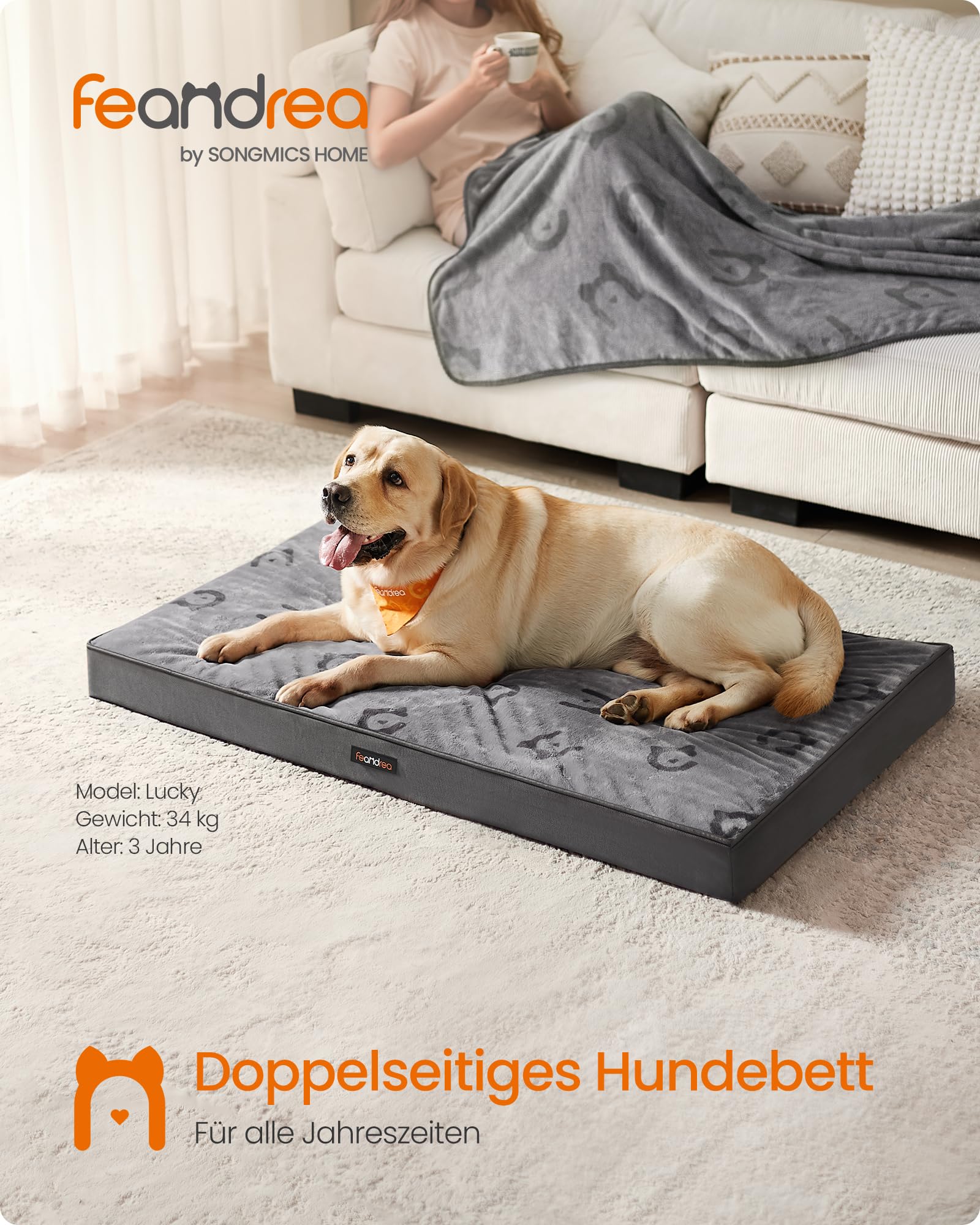 Feandrea Hundebett, Hundekissen waschbar, Hundematte abnehmbar, wasserdicht, 120 x 74 x 8 cm, Größe XXL, für große Hunde, Taubengrau PGW244G01